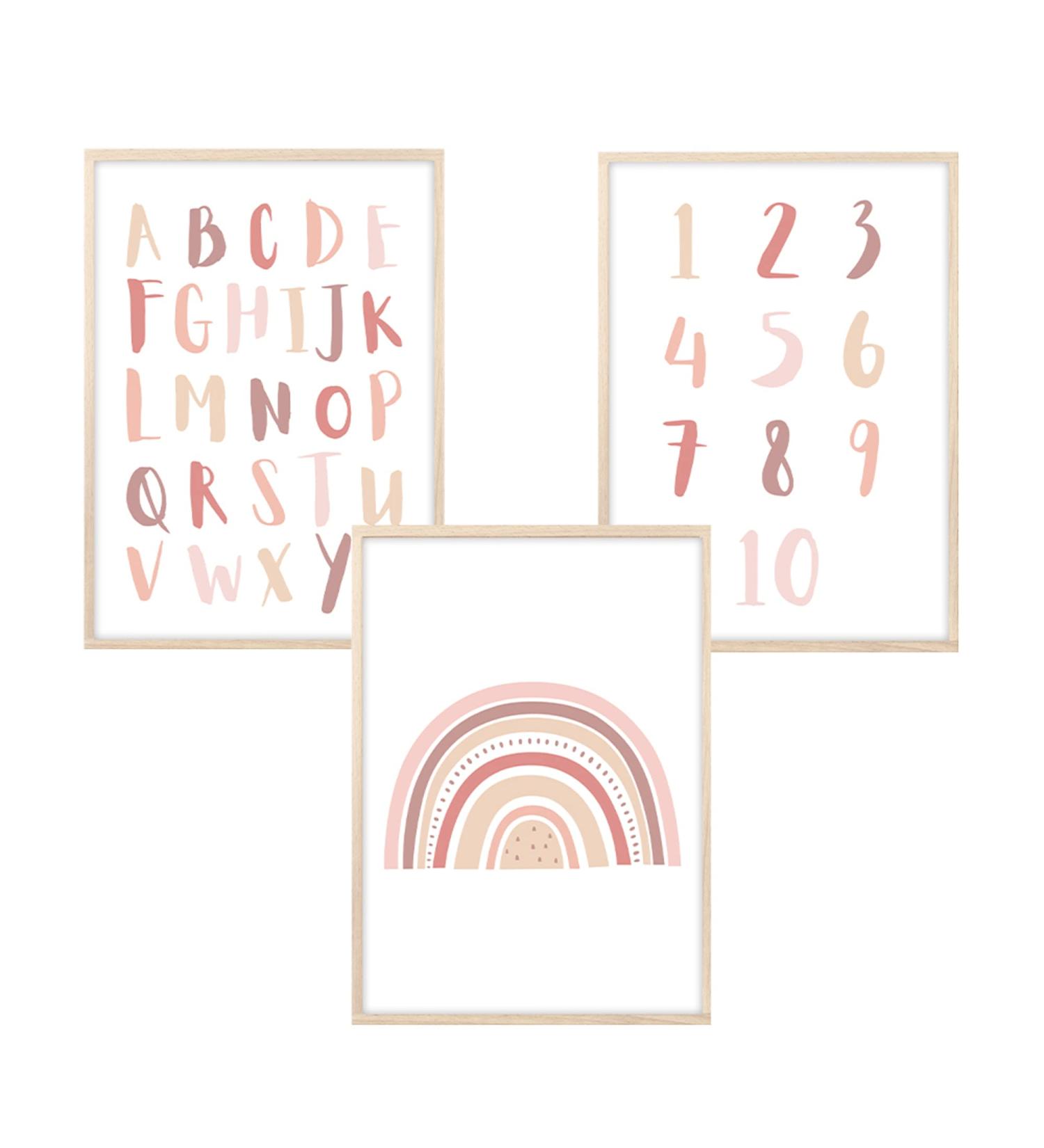 Meinbaby123 A4 Alphabet ABC Learning Posters - 3 Set for Kids' Room | Decorative Wall Art for Girls | Premium Rainbow & Number Posters in Pink - Buy Online on GoSupps.com