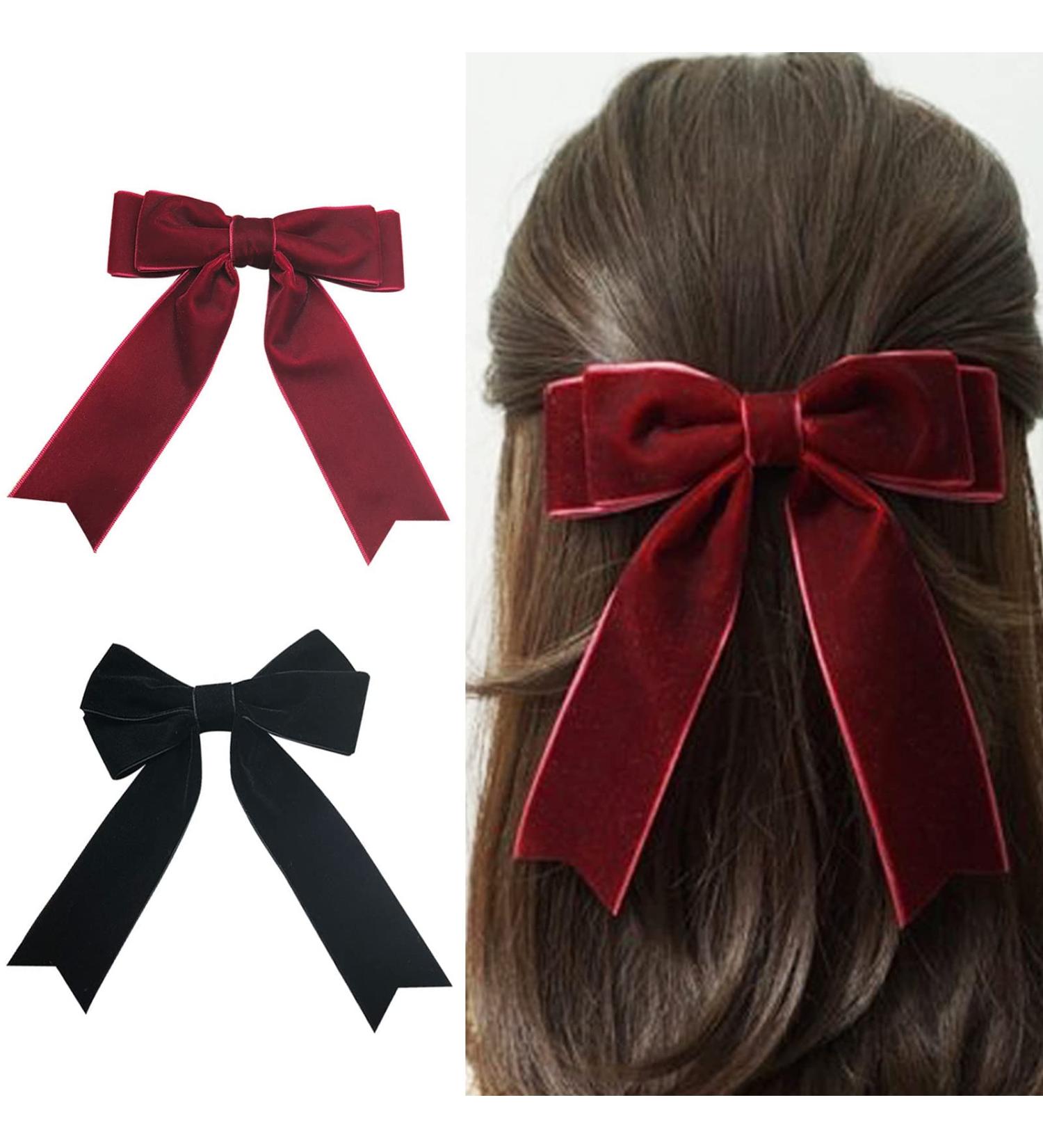 Velvet Bow Hair Clip Set for Girls - 2Pcs Satin Ribbon Hairpins for Women - Buy Online on GoSupps.com
