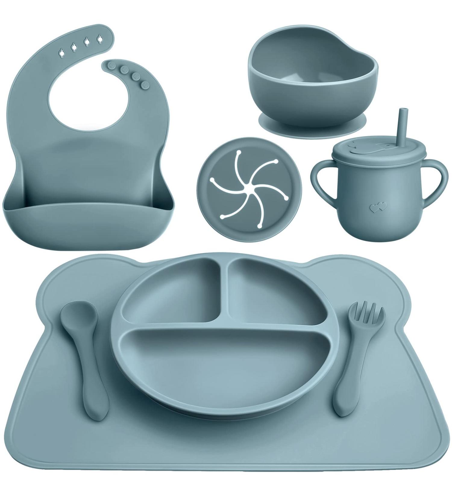 8 Pack Silicone Baby Feeding Set - Divided Plate, Bibs, Suction Bowl, Placemat, Spoon, Fork, Cup with Straw - Toddler Tableware Set (Dusty Blue) - Buy Online on GoSupps.com