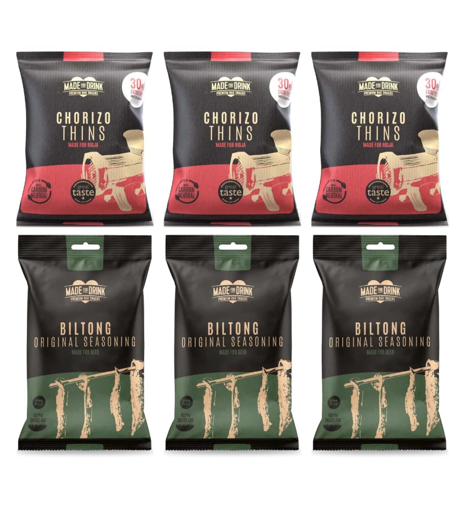 Made For Drink Biltong & Chorizo Thins Selection - Premium Bar Snacks | Keto Friendly & 100% Carbon Neutral - 6 Pack Gift Set (180g) - Buy Online on GoSupps.com