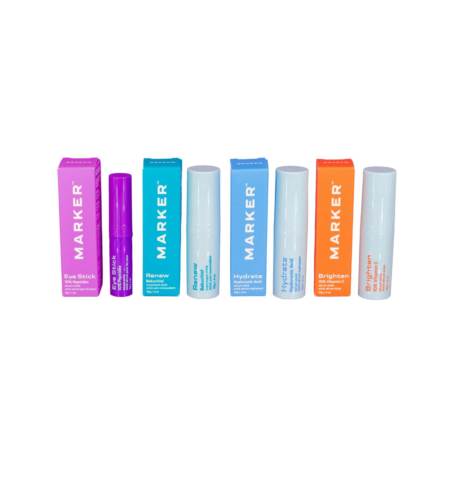 MARKER Skincare Stick Set 4-Piece The Eye Stick (10% Peptides) Hydrate (Hyaluronic Acid) Brighten (10% Vitamin C) Renew (Bakuchiol) Portable Mess-Free Leak-Free Travel-Ready - Buy Online on GoSupps.com
