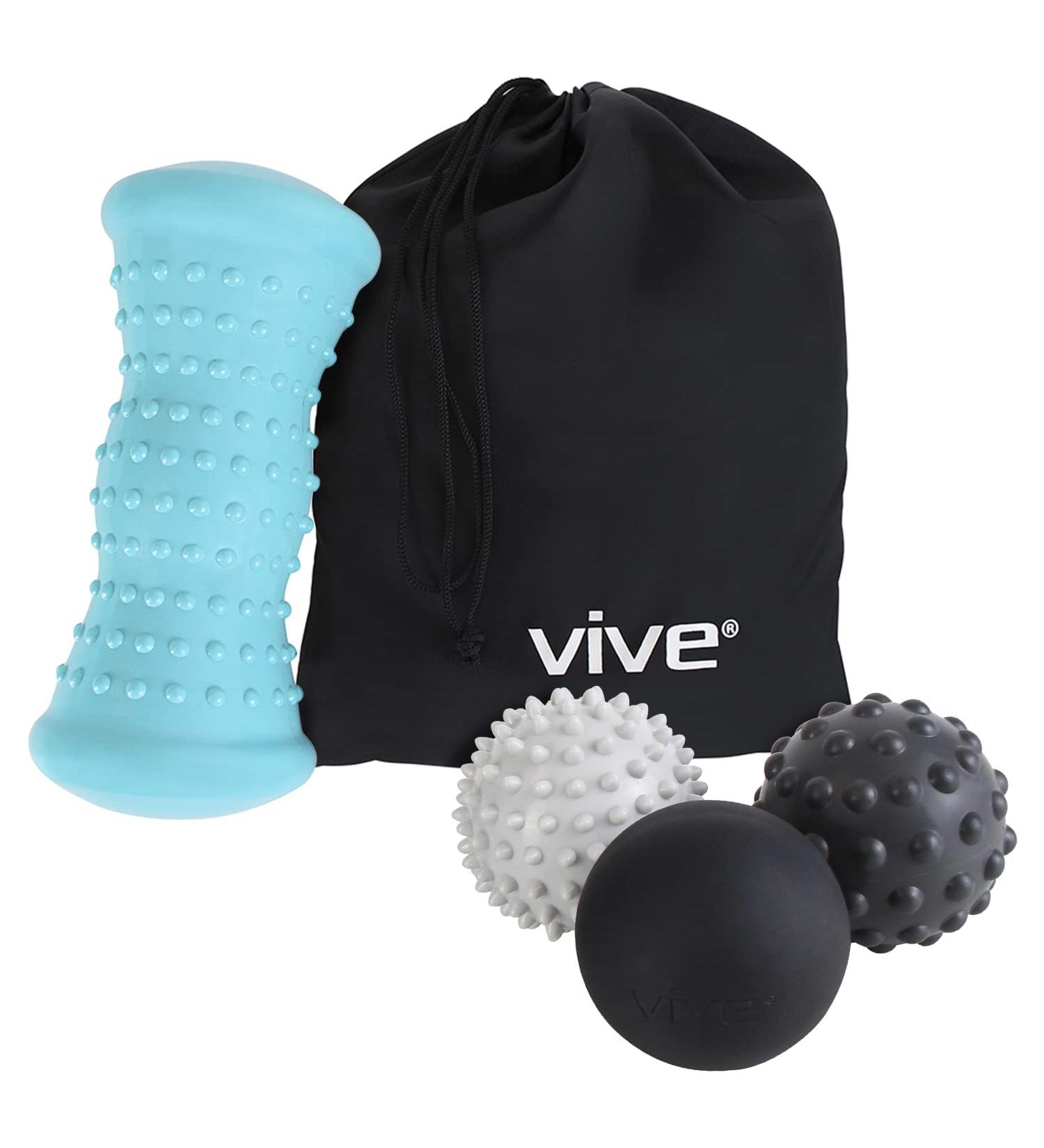 Vive Massage Ball Set (4 Piece) - Foot Pain Hot Cold Therapy Kit for Plantar Fasciitis, Heel Spur, Sore Muscles - Trigger Point Relief for Back, Arm, Neck, Shoulder, Leg - PT Spike Massager Included - Buy Online on GoSupps.com