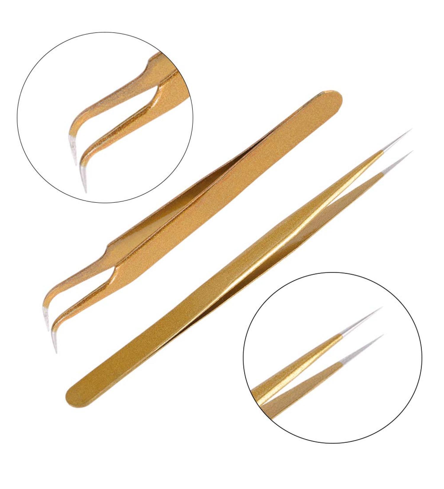 Stainless Steel Eyelash Extension Tweezers Set - Straight & Curved 2pc Gold Makeup Tools - Buy Online on GoSupps.com