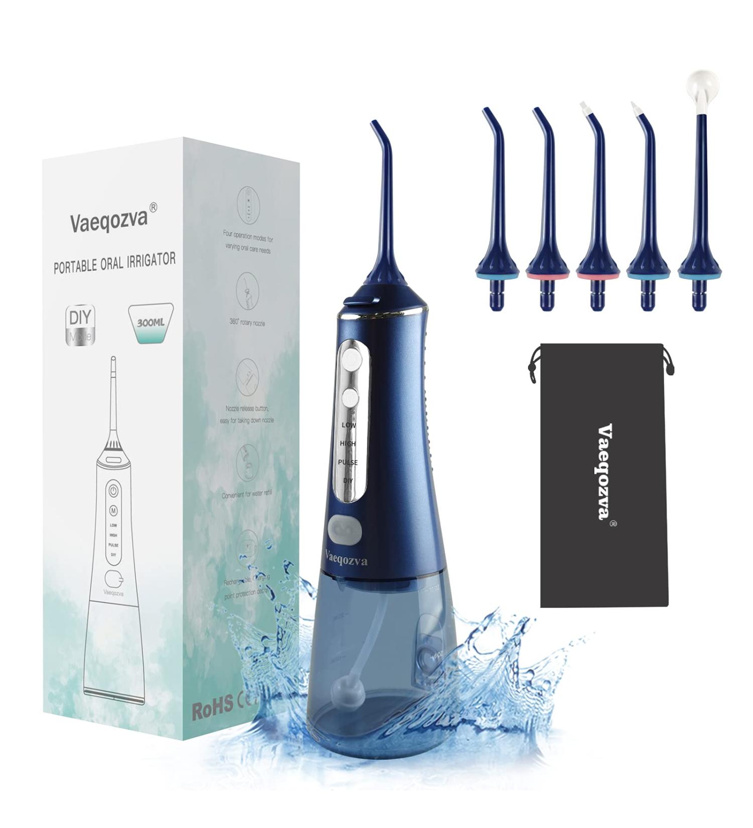 Cordless Water Flosser - Vaeqozva Portable Oral Irrigator Navy Blue | Rechargeable, 5 Jet Tips, DIY Mode, Waterproof, 300ML Tank - Home & Travel Dental Floss - Buy Online on GoSupps.com