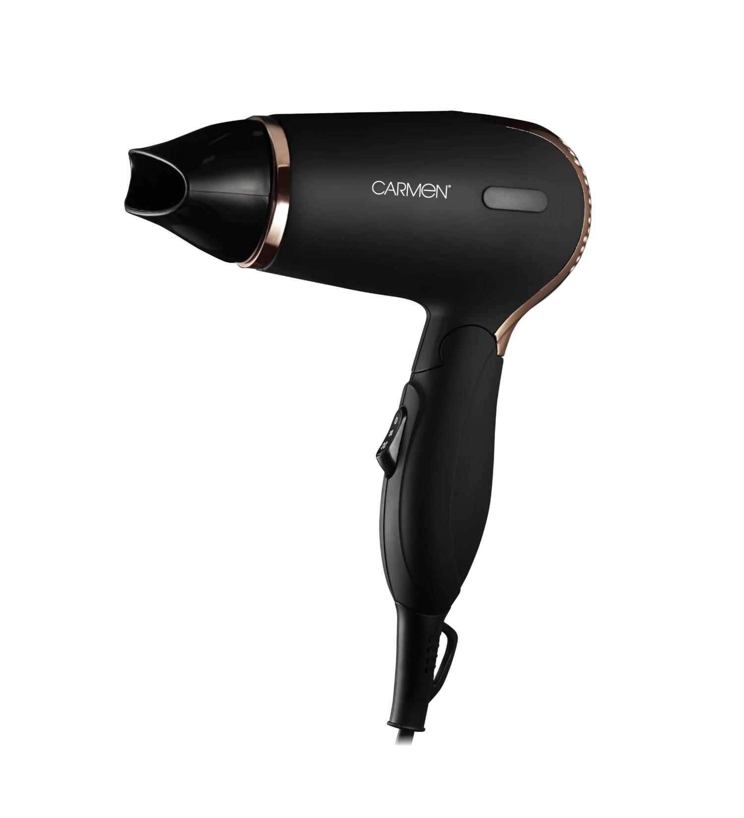 Carmen Noir Lightweight Travel Hair Dryer with Concentrator Nozzle and foldable handle Travel Bag luxury soft touch finish 1200W Black and Copper C80020COP - Buy Online on GoSupps.com