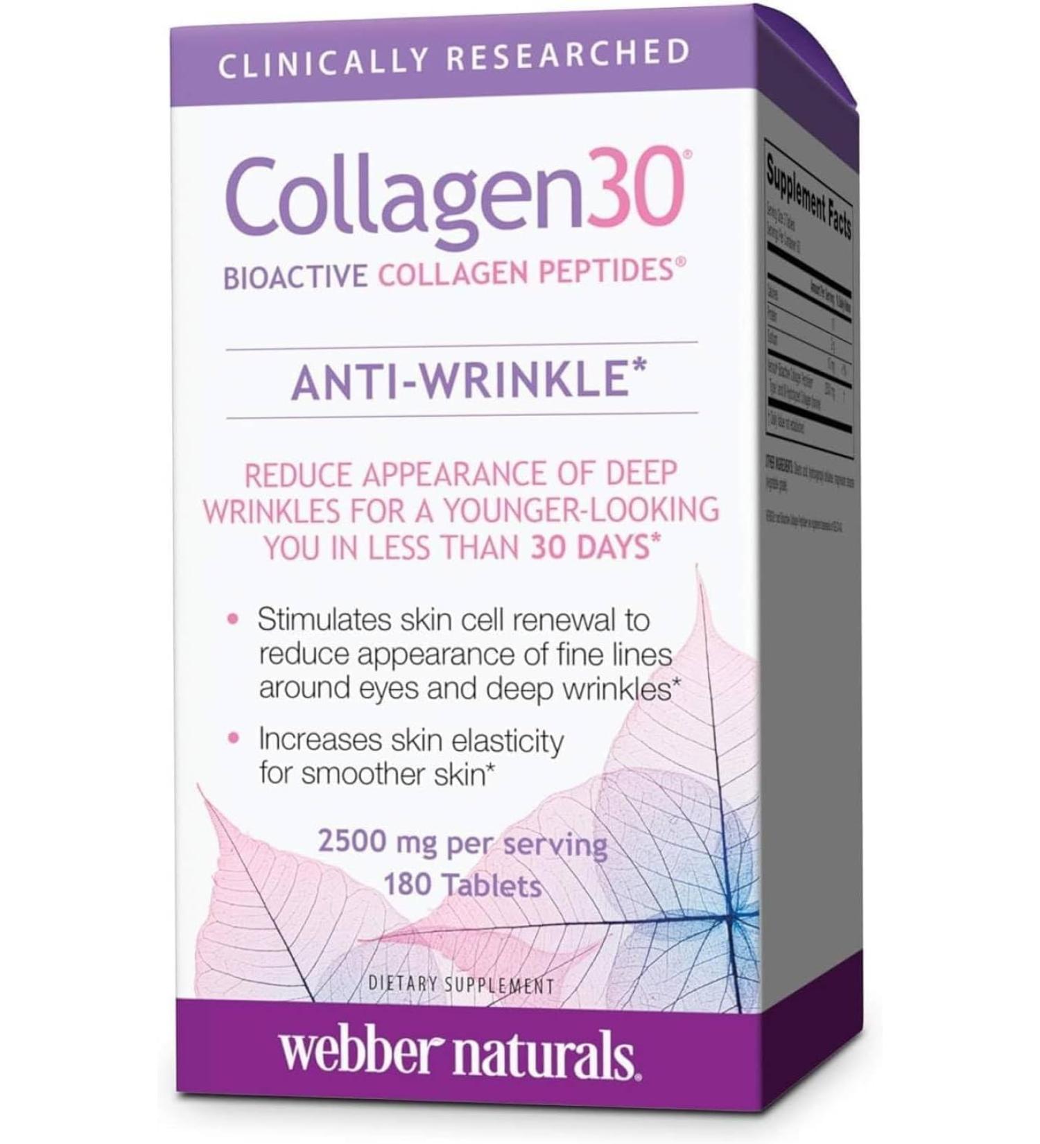 Webber Naturals Collagen30 Anti-Wrinkle 2 500mg of Bioactive Collagen Peptides Per Serving 180 Tablets Helps Reduce Deep Wrinkles Fine Lines & Stimulates Skin Cells - Buy Online on GoSupps.com