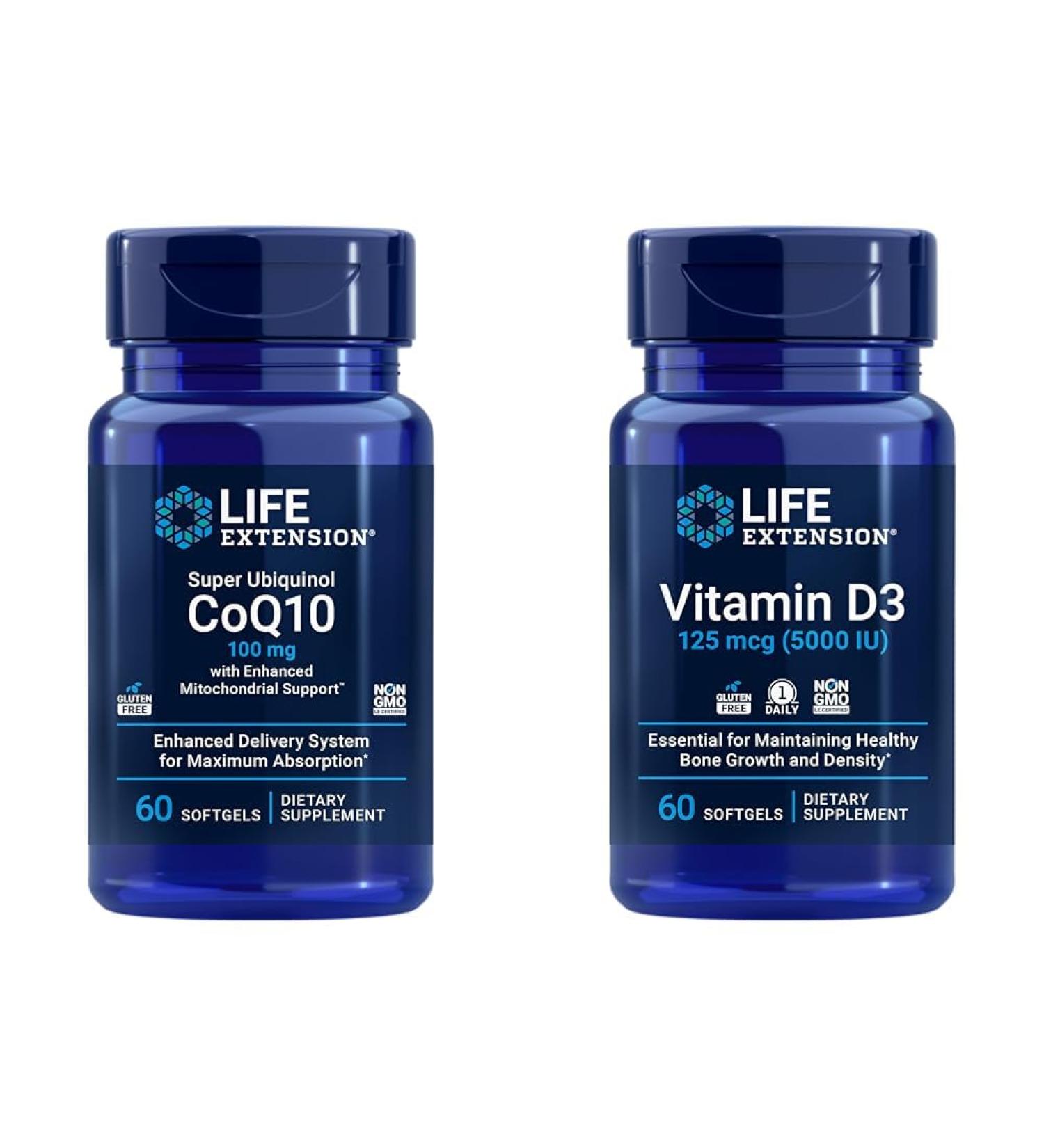 Life Extension Super Ubiquinol CoQ10 with Enhanced Mitochondrial Support & Vitamin D3 125 mcg (5000 IU) Bone Health - Buy Online on GoSupps.com