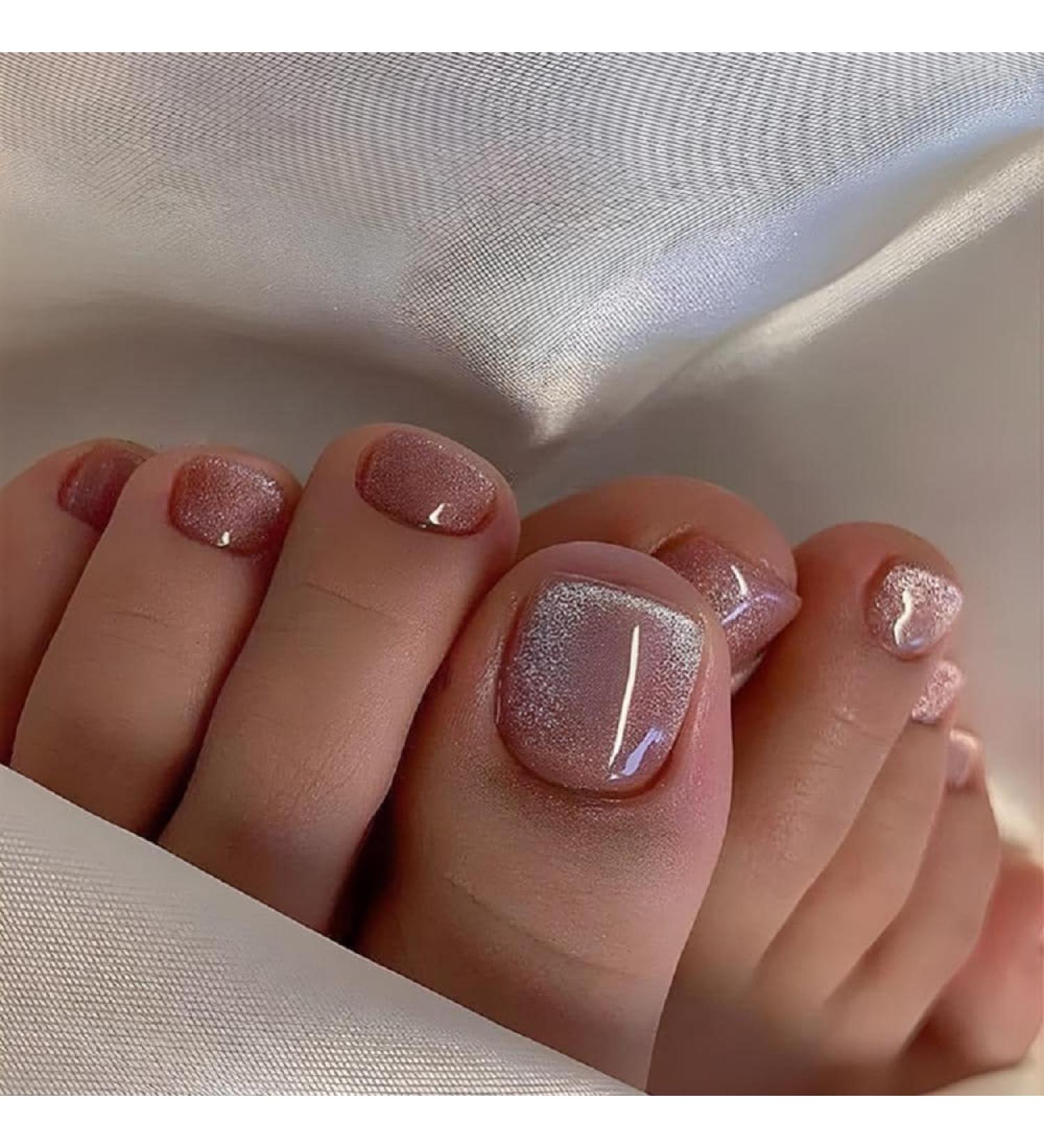 Glossy Square Press-On Toenails with Glitter | Extra Short False Toe Nails for Women | Stylish & Durable Cat Polish Design - Buy Online on GoSupps.com