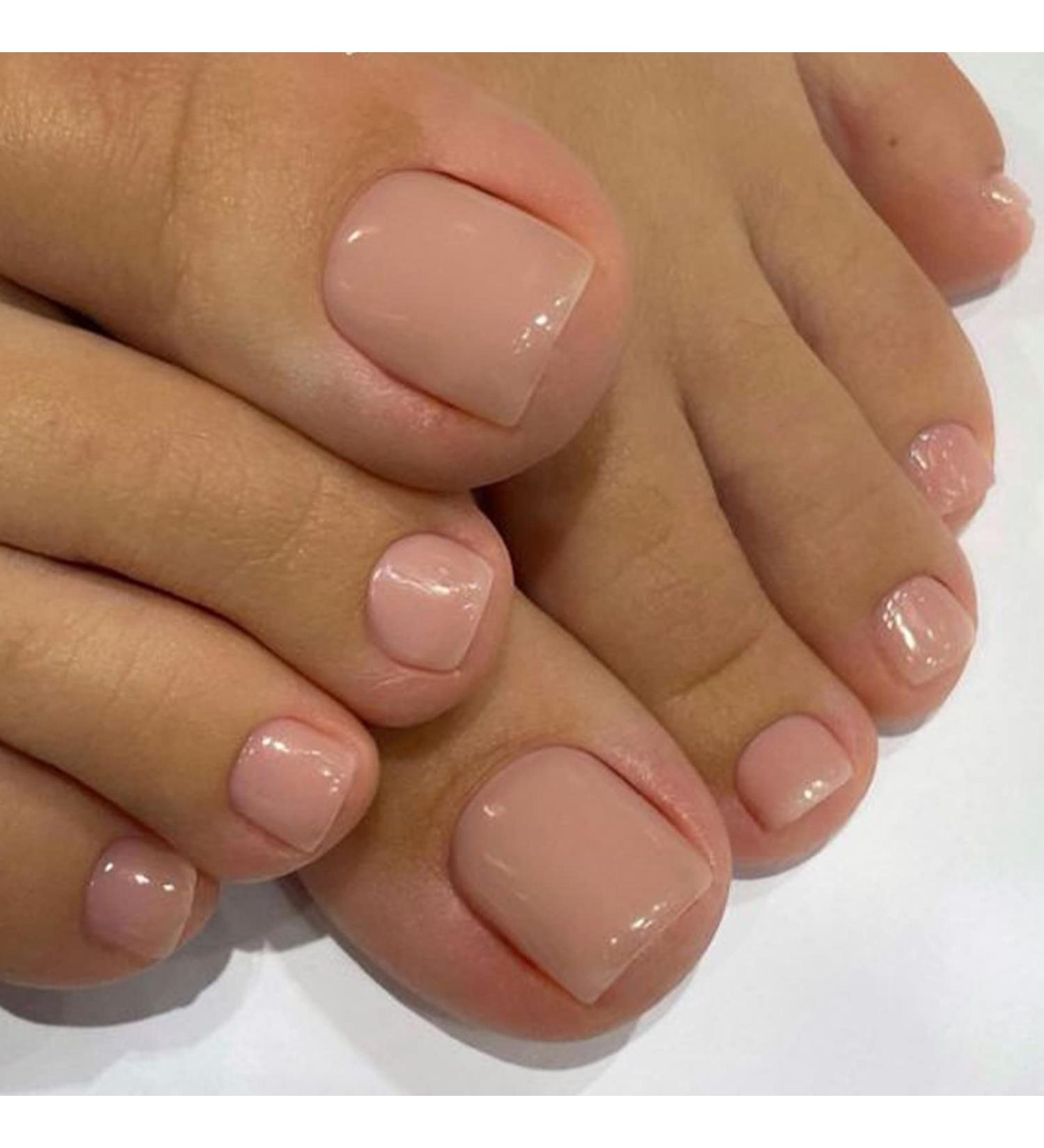 VOTACOS Short Square Press on Toenails - 24PCS Nude Prom Design Fake Toe Nails | Glossy Acrylic Toenails for Women - Buy Online on GoSupps.com