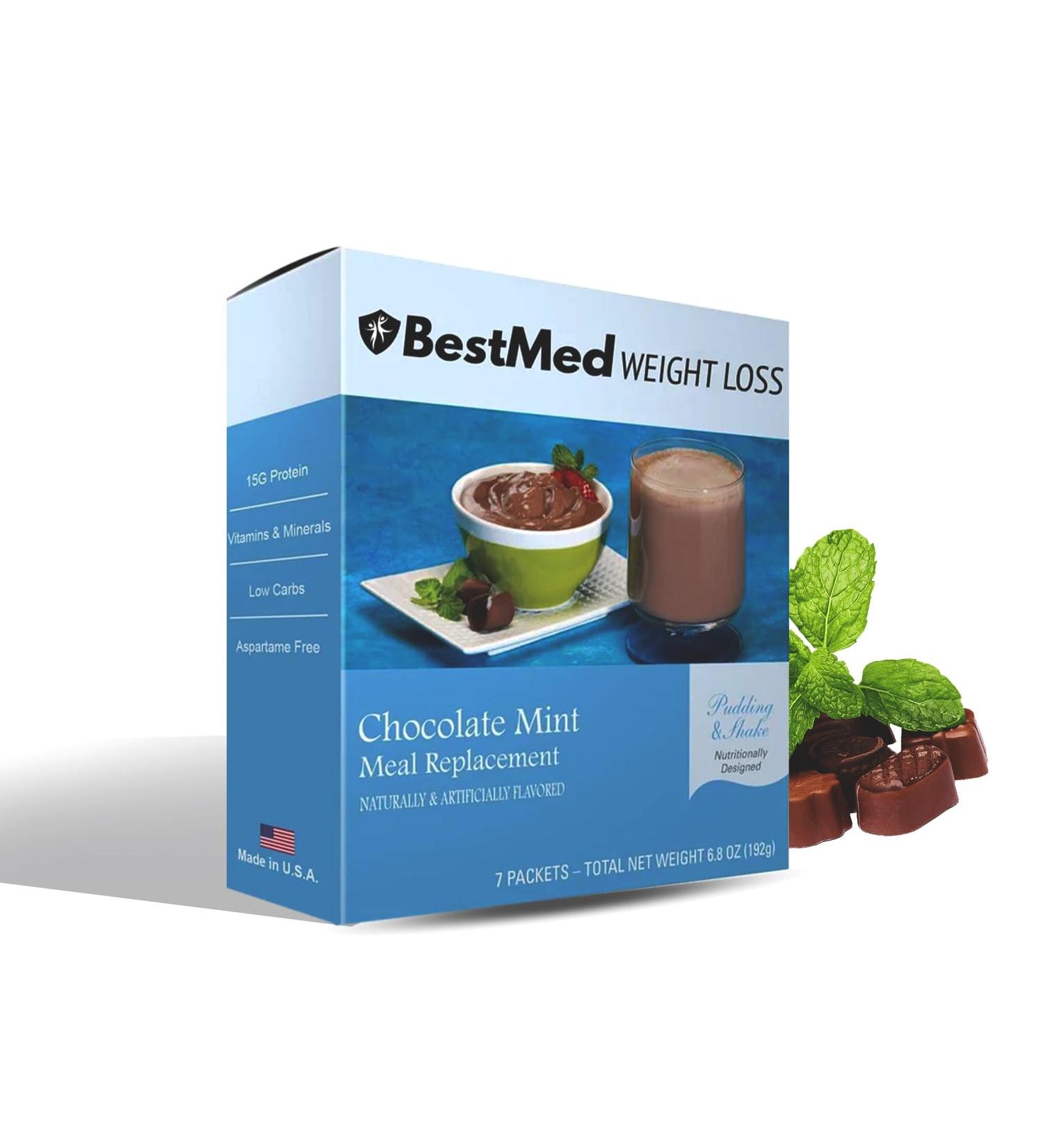 BestMed Weight Loss Chocolate Mint Pudding/Shake Mix - 7/Box | Gluten Free KETO Friendly Low Calorie Low Carb Vitamin Fortified Meal Replacement - Buy Online on GoSupps.com
