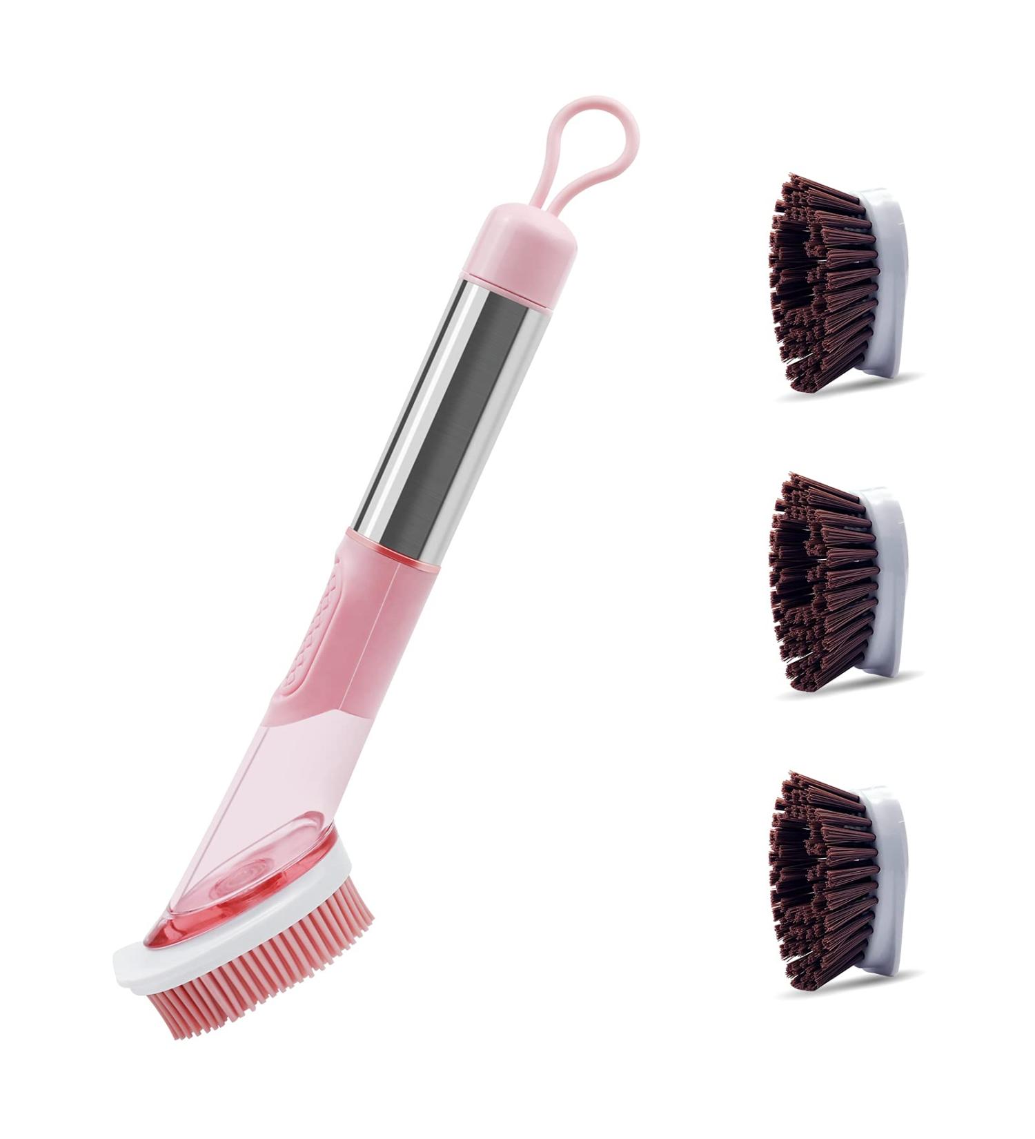 Dish Brush Scrubber with Soap Dispenser Kitchen Brush for Dishes with Stainless Steel Handle with Three Replacement Head(1 TPR+2 Stiff Bristles) No Leak No Crack No Mold Accumulation - Buy Online on GoSupps.com