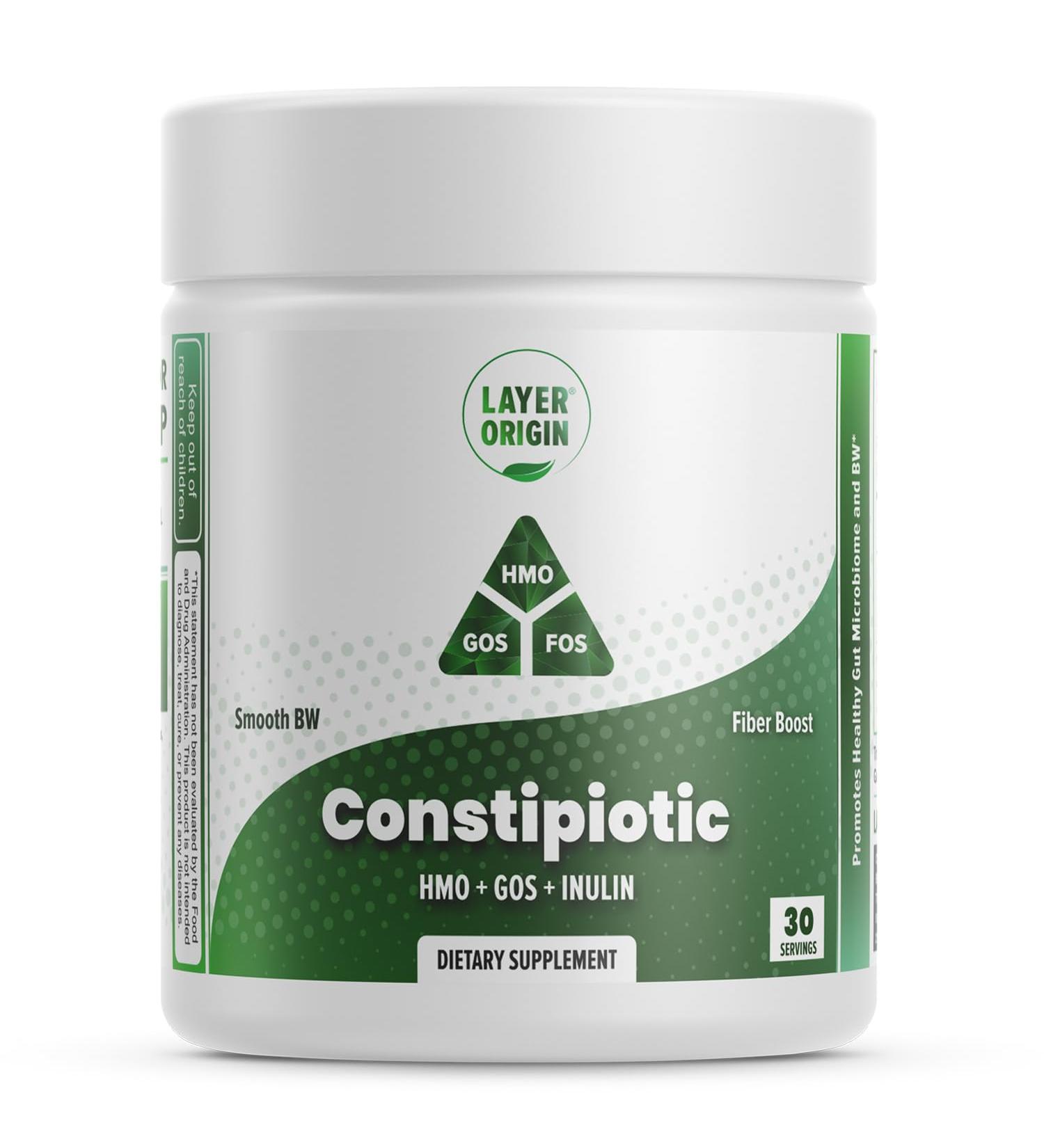 Layer Origin Constipiotic Prebiotic Fiber to Ease Bowel Movement and Support Regularity - 4.4 g Per Serving - HMO 2'FL, GOS, Inulin FOS - 30-Day Supply - Unflavored, No Taste, Dissolve Easily - Buy Online on GoSupps.com