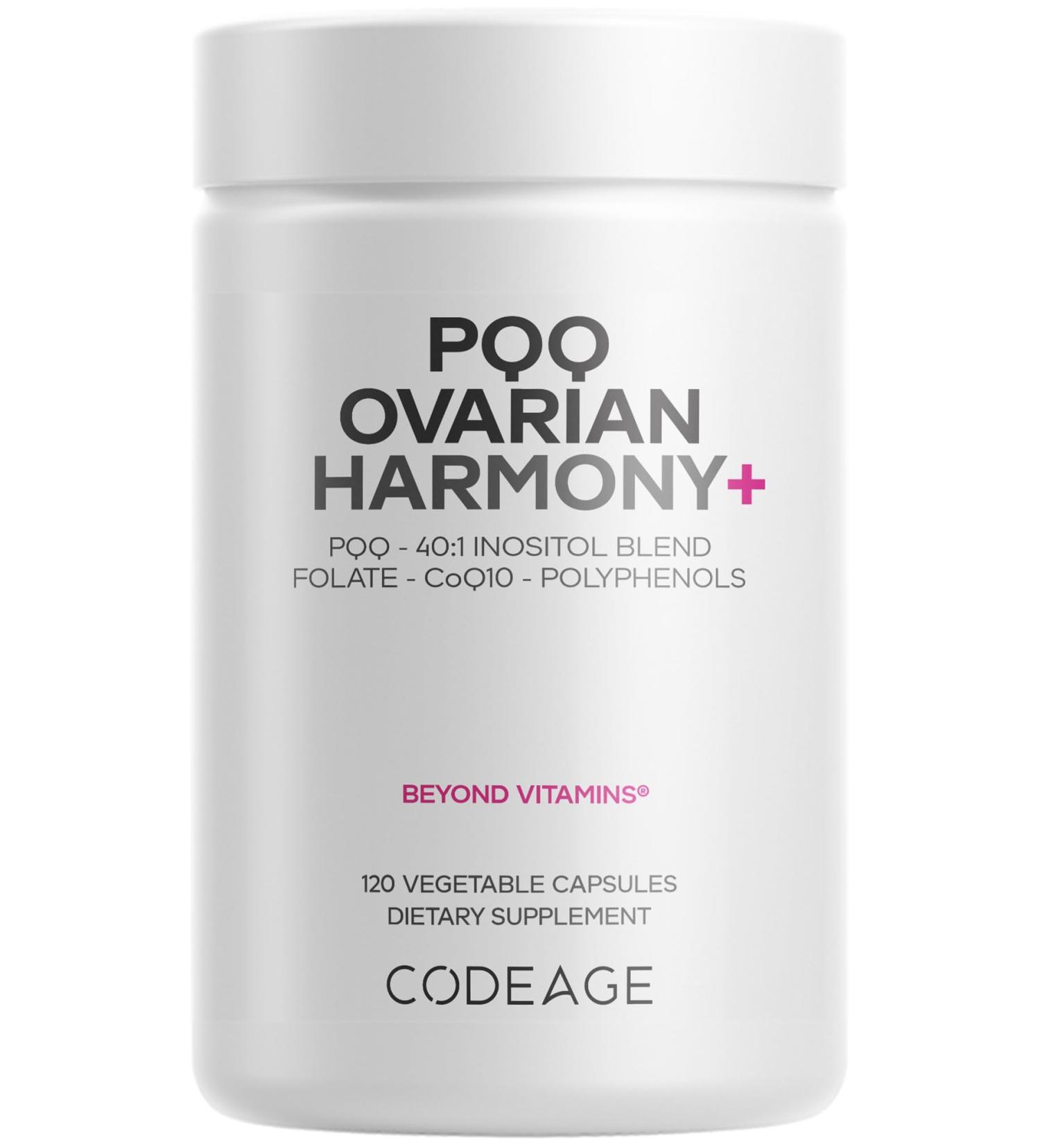 Codeage PQQ Ovarian Harmony+ Supplement - PQQ (Pyrroloquinoline Quinone) Myo-Inositol & D-Chiro-Inositol 40:1 Blend Folate 5-MTHF CoQ10 Wild Blueberry - Liposomal Delivery - Non-GMO - 120 Capsules - Buy Online on GoSupps.com