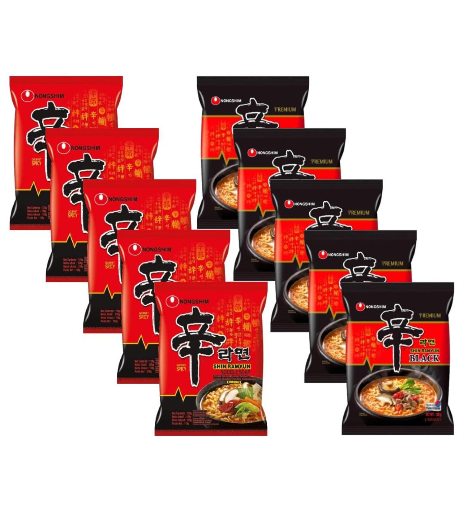 CNMART Nongshim Shin Black Ramyun and Shin Ramyun Instant Ramen Noodle 2 Flavours Assorted Bundle (Pack of 10) - Buy Online on GoSupps.com
