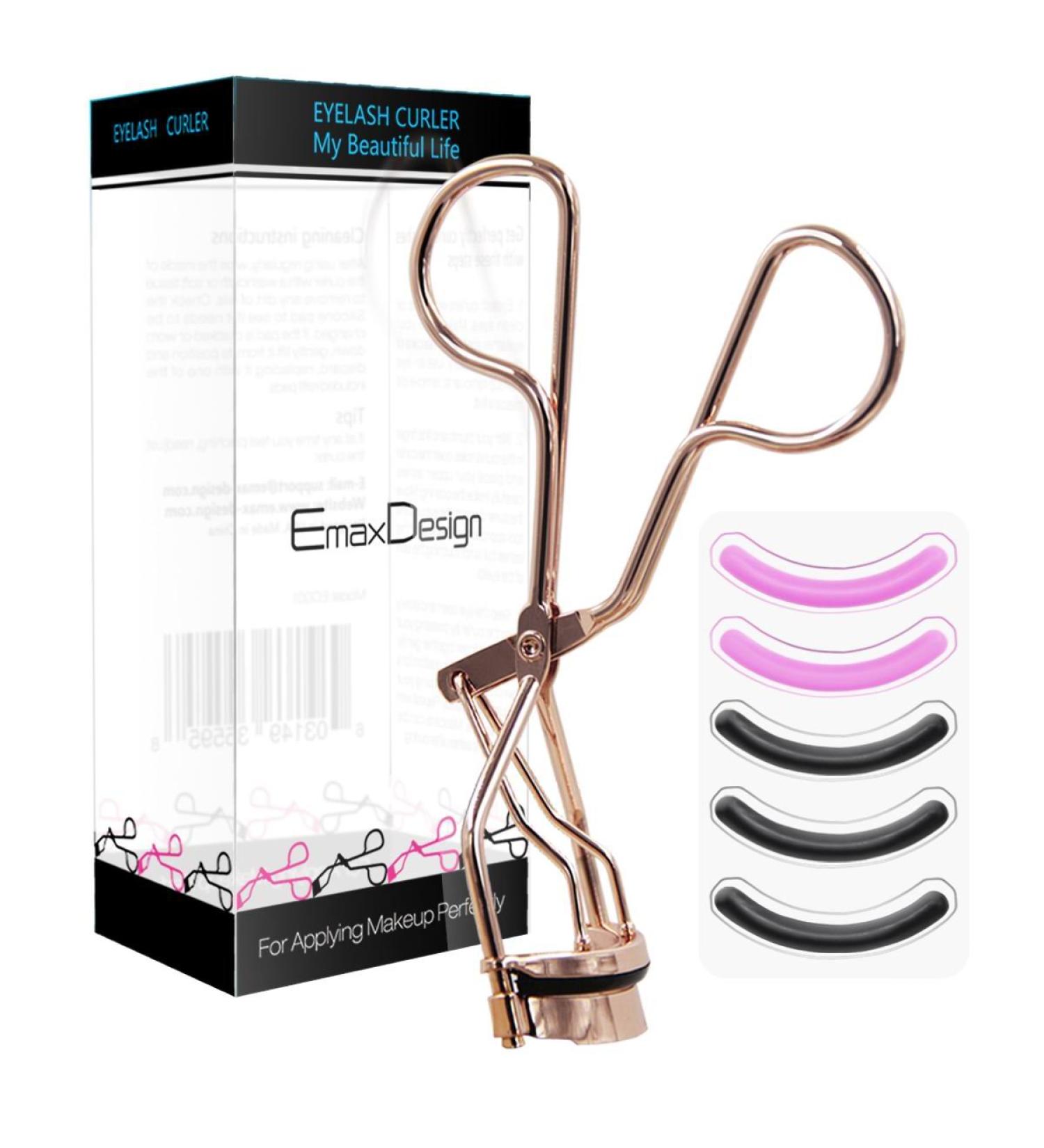 Emax Design Pain-Free Eyelash Pliers | Stainless Steel Makeup Tool with 5 Silicone Pads | Red Gold | Perfect for Curved Eyelashes - Buy Online on GoSupps.com