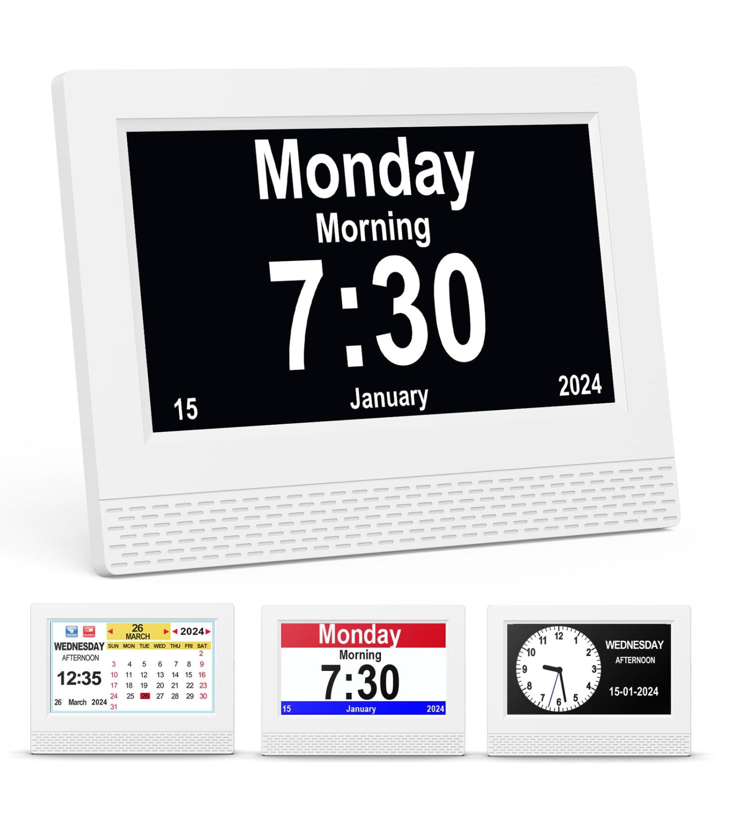 Senxingyan 7'' HD Digital Calendar Alarm Clock - Senior-Friendly Dimmable Display Date & Weekday Features for Alzheimer Patients - White - Buy Online on GoSupps.com
