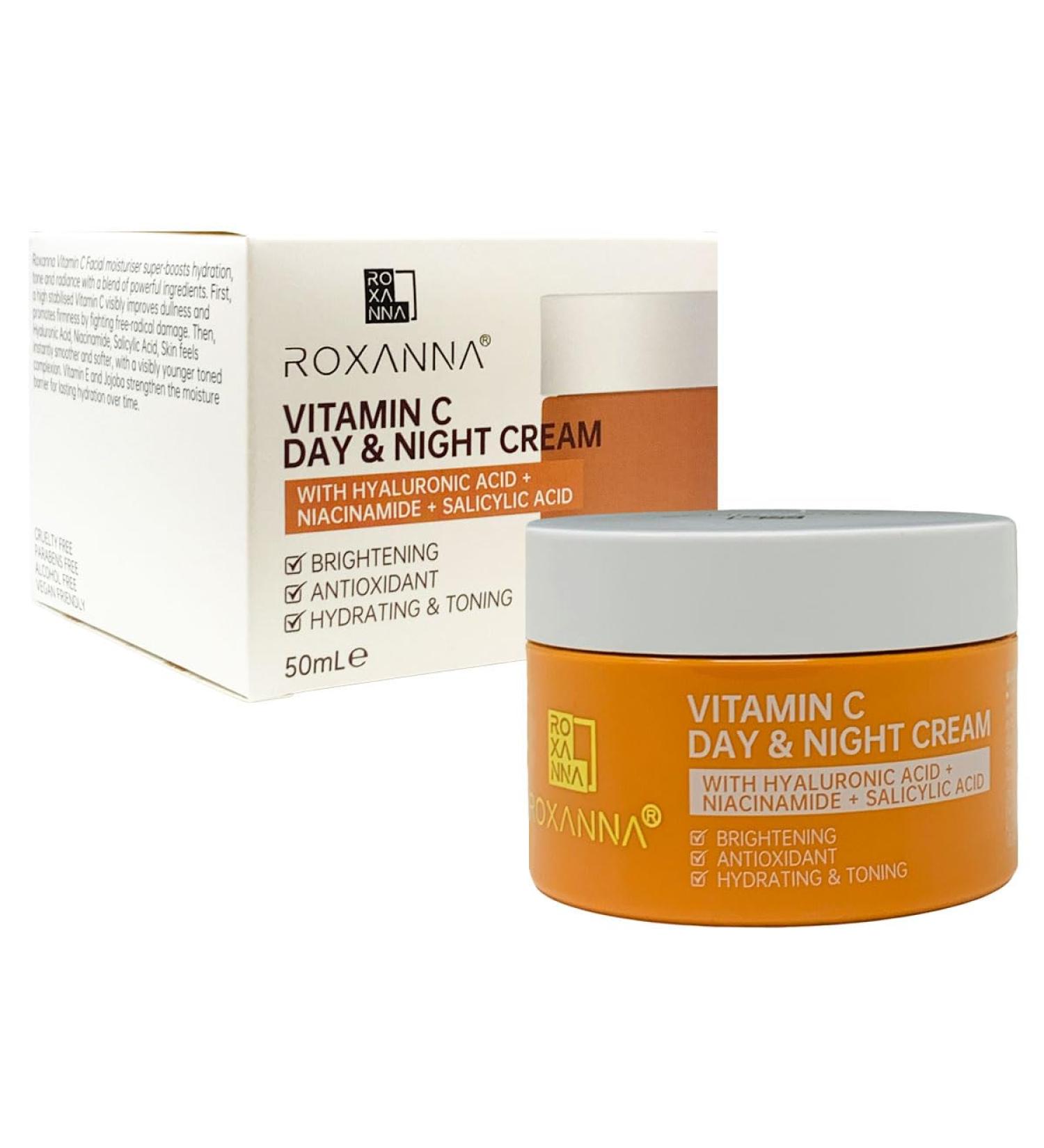 Roxanna Vitamin C Face Cream 50ml with Hyaluronic Acid Niacinamide & Salicylic Acid Natural Vitamin E & Jojoba Anti Aging & Wrinkle Day & Night Moisturiser Brighten Hydrate and Plump Skin - Buy Online on GoSupps.com