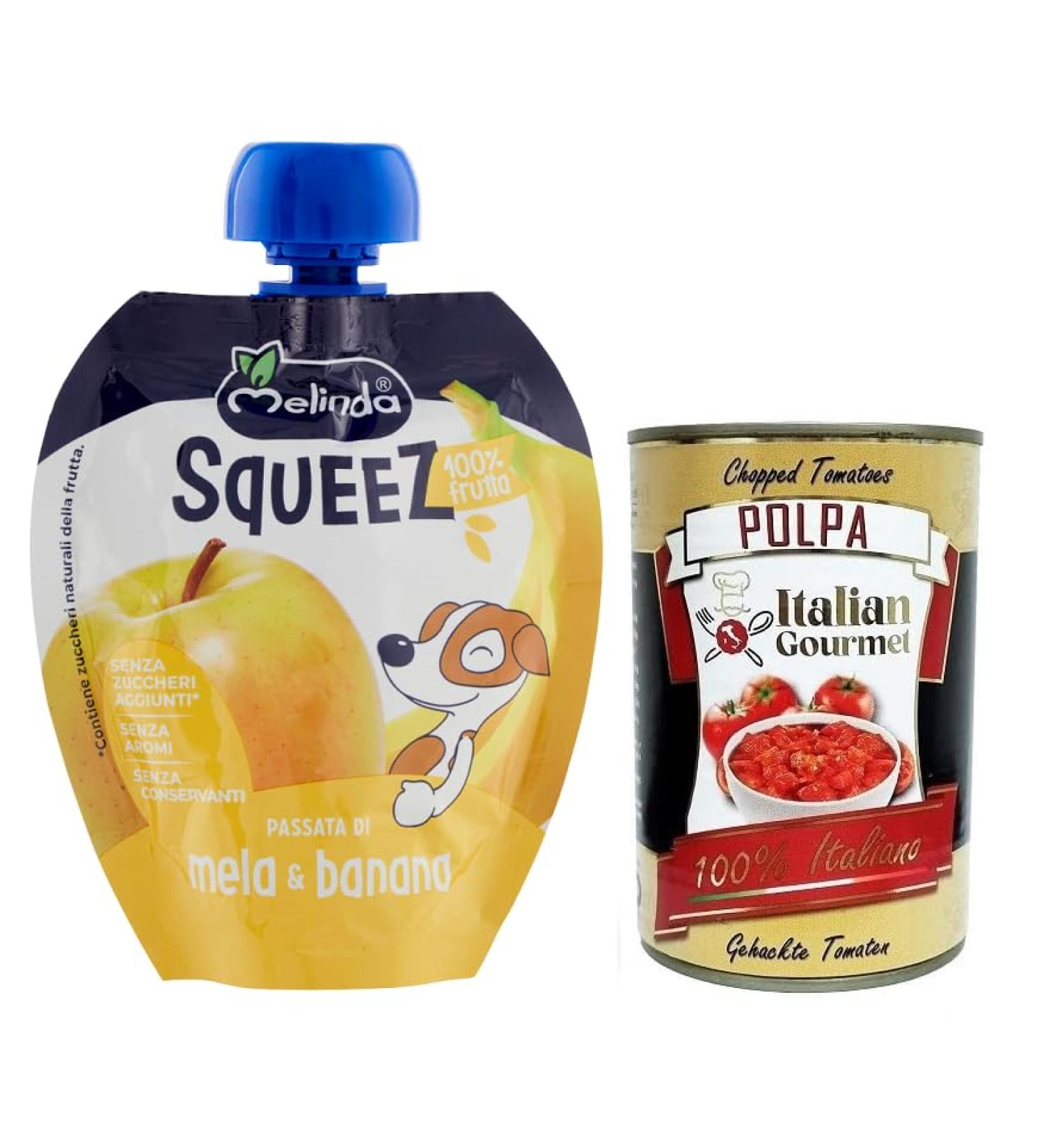 Italian Gourmet E.R. Melinda Mela Banana Squeeze 100% Fruit Puree Apples and Bananas Squeezable Fruit 90g + Italian Gourmet Pomodoro Polpa 400g - Buy Online on GoSupps.com