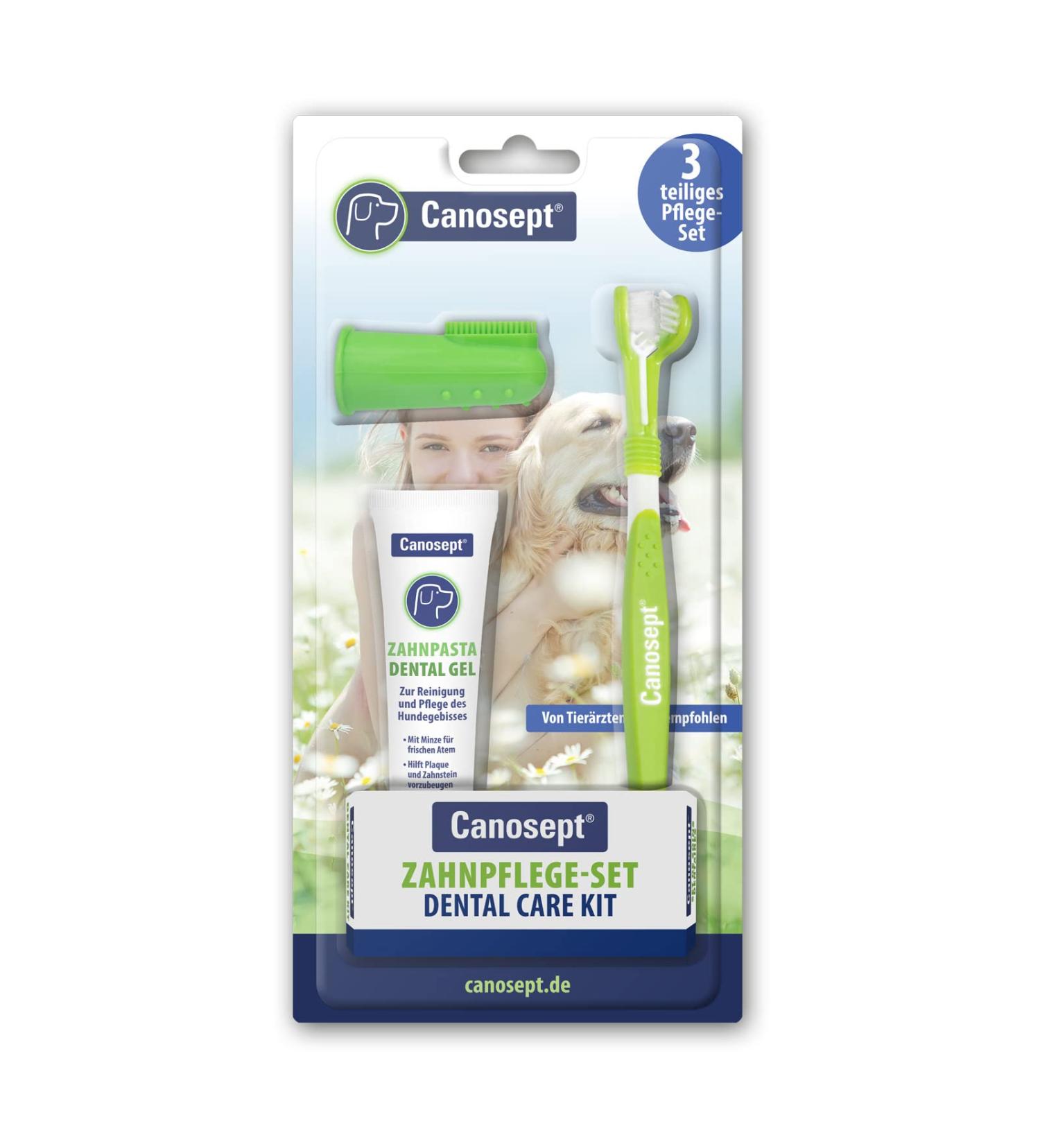 Canosept Dental Care Set for Dogs | Dog Toothbrush Toothpaste & Finger Brush | Fresh Breath & Tartar Control | 100 Pieces - Buy Online on GoSupps.com