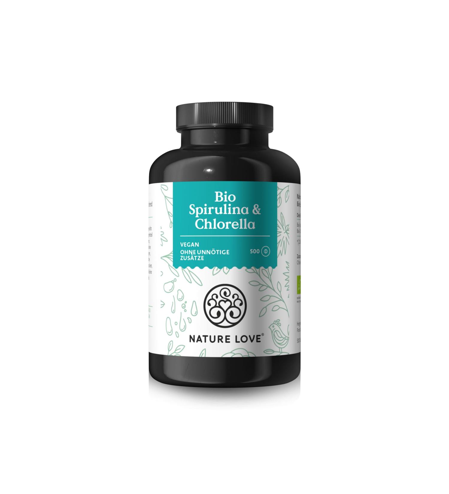 Nature Love Bio Spirulina & Chlorella - Organic 3000mg Daily Dose 500 Vegan Tablets Additive-Free High-Dose Laboratory Tested - Buy Online on GoSupps.com