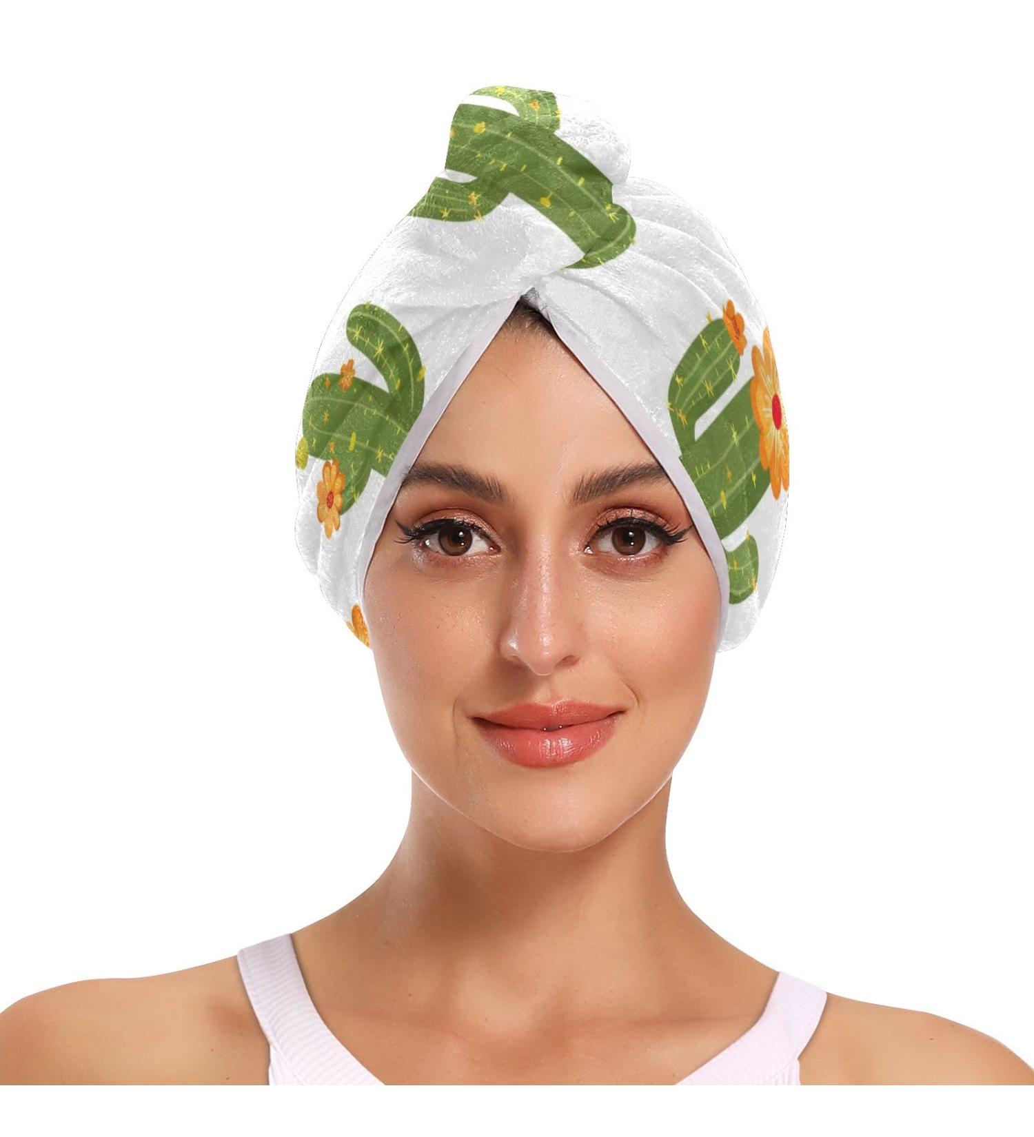 Green Cactus Flowers Hair Towel 2 Pack - Super Absorbent Quick Dry Hair Turbans for Women & Girls - Buy Online on GoSupps.com