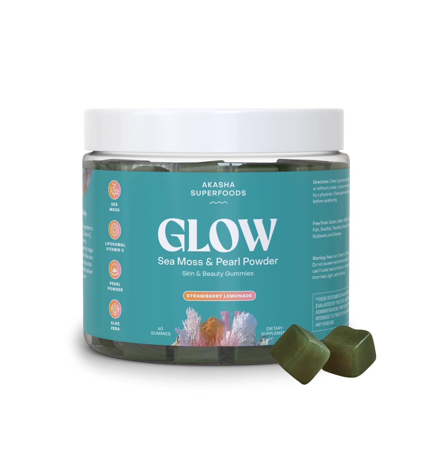 Akasha Superfoods Sea Moss Glow Gummies, Hair, Skin & Nails Vitamins with Seamoss, Pearl Powder, Vitamin E, Aloe Vera, Liposomal Vitamin C, and Irish Sea Moss, Gummies for Women & Men, 60 Count - Buy Online on GoSupps.com