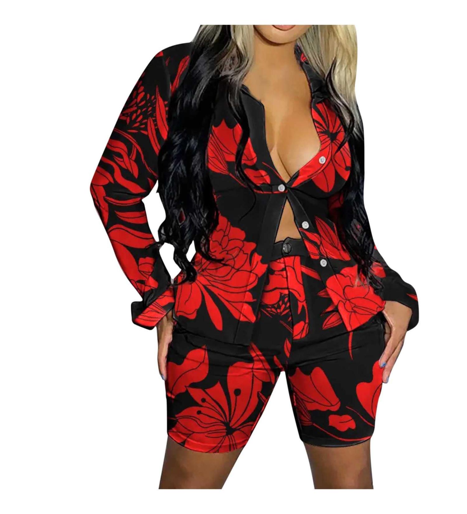 Ganfancp Women's Sexy Slim Tie Dye 2 Piece Outfit Set - Red Summer Shirt with Shorts - X-Large - Buy Online on GoSupps.com