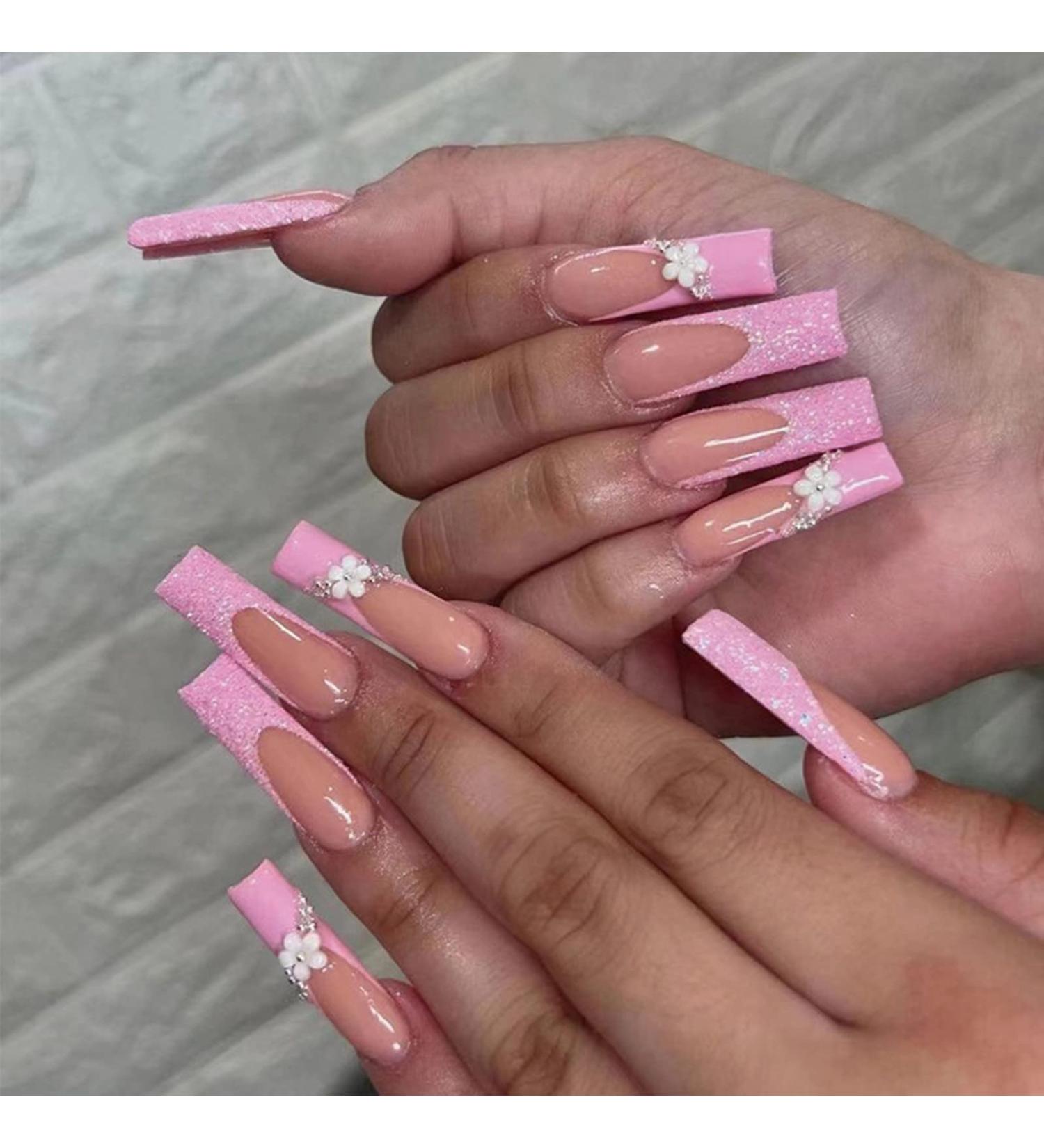 JUSTOTRY 24 Pcs Long Pink French Press on Nails with Flower Designs - Acrylic Coffin False Nails for Women - Nail Art FPO - Buy Online on GoSupps.com