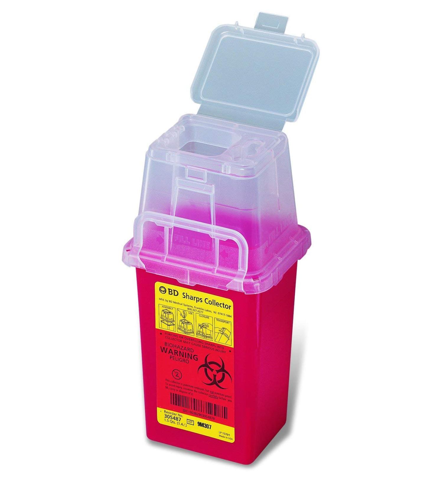 BD Nestable Sharps Container, 1.5 qt, Pre-Assembled, One-Way Funnel, Latex-Free