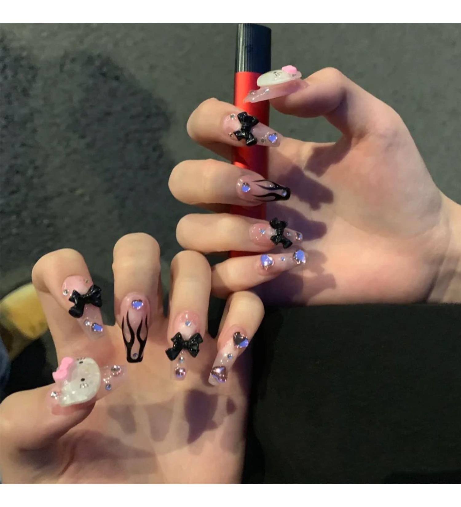 Black Flame Love Heart Bow with Diamond Shining Pearl Cute Cat 24pc False Nails Wearable Fake Nails Set Press On Nail with Glue LTMJ-25