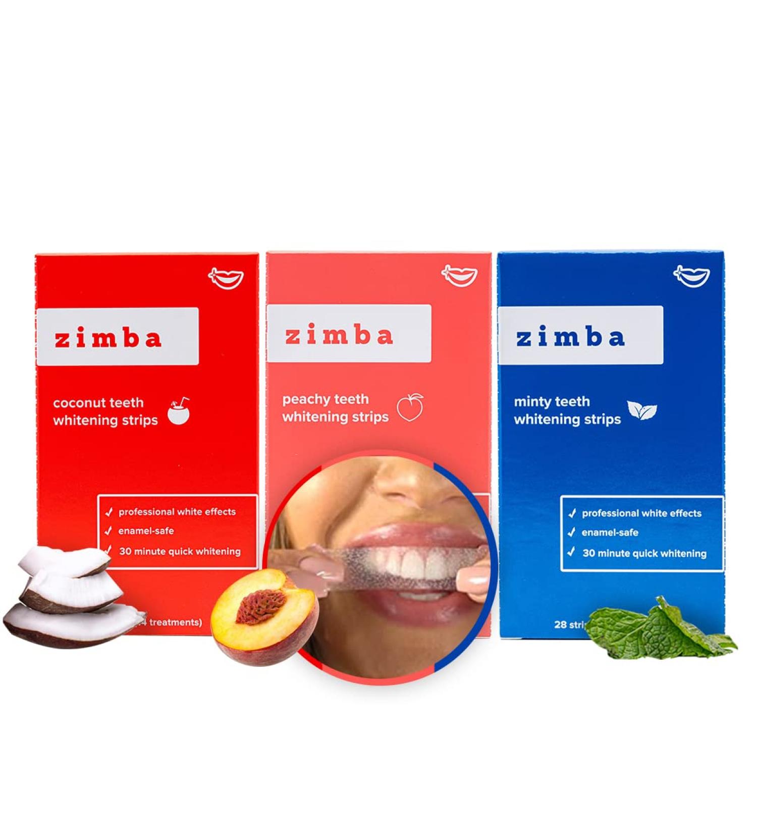 Zimba Teeth Whitening Strips for Sensitive Teeth - Vegan White Strips with Coconut, Mint, and Peach Flavors - 84 Strips Included - Buy Online on GoSupps.com