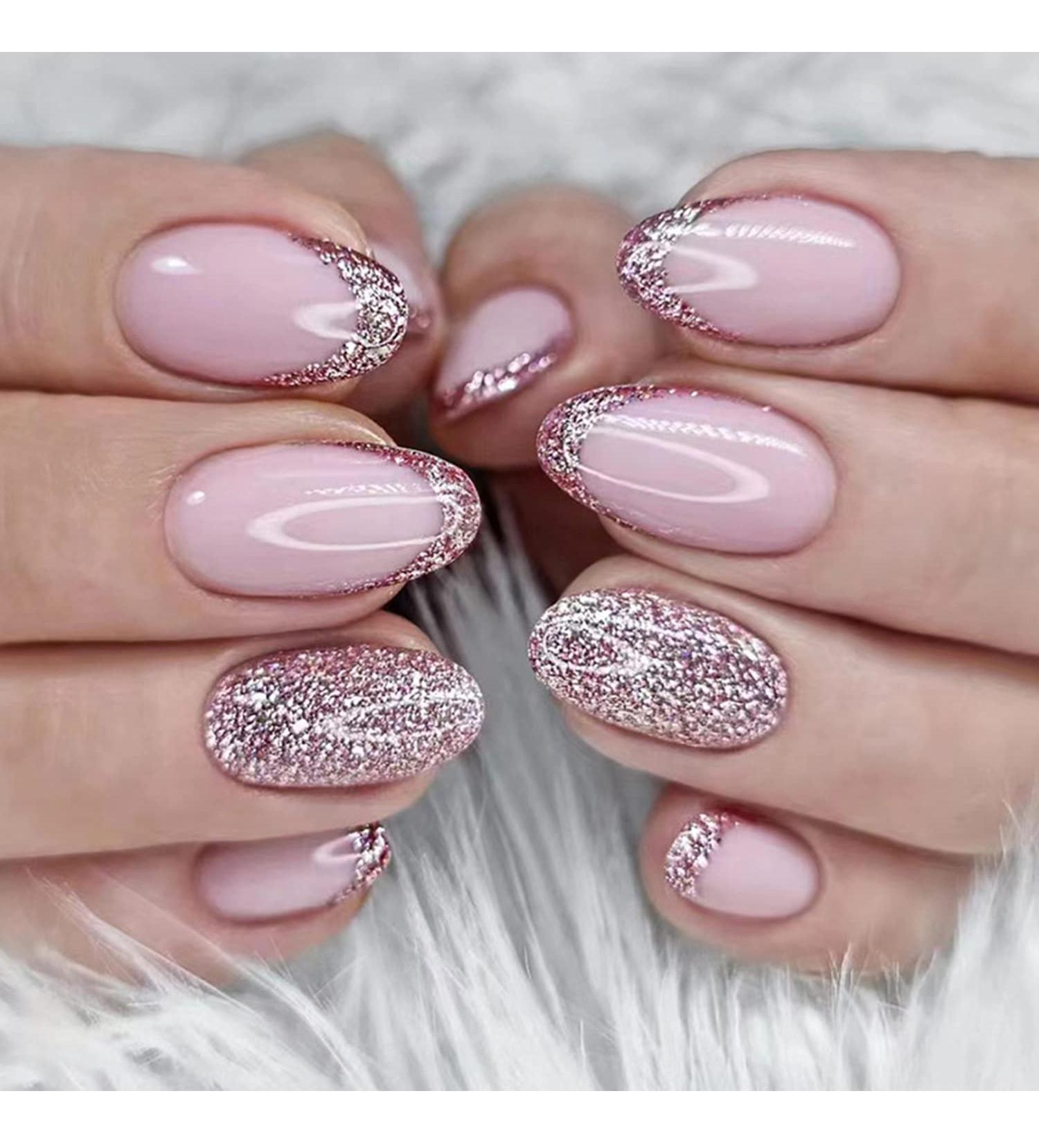 French Pink Glitter Press on Nails | Medium/Short Round Acrylic False Nails with Glossy Finish and Sequin Designs - Women/Girls Stick-on Nail Tips - Buy Online on GoSupps.com