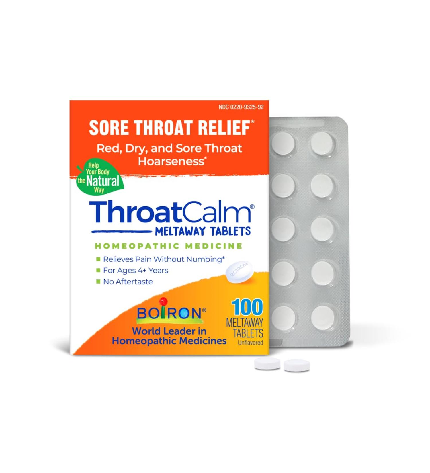 Boiron ThroatCalm Tabs - 100 Count for Pain Relief from Red Dry Scratchy Sore Throats and Hoarseness - Throat Calm Meltaway Tablets - Buy Online on GoSupps.com
