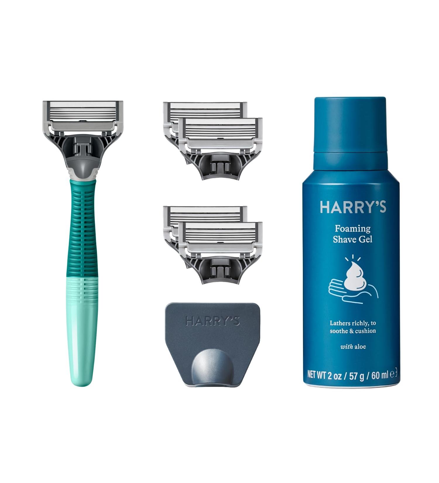 Harry's Razors for Men - Tropical Green Handle Razor Set with 5 Blade Refills, Travel Cover, and Shave Gel 60ml - Buy Online on GoSupps.com