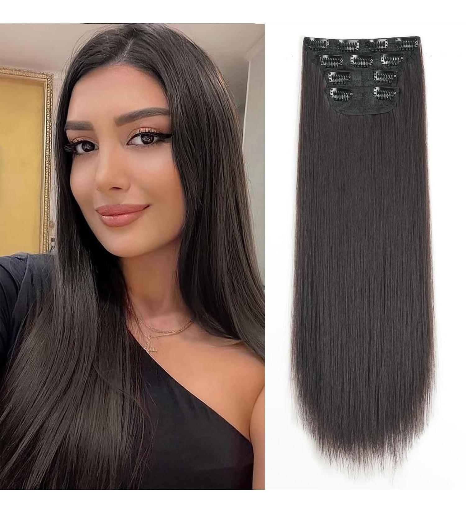 Yddm Dark Brown Clip In Hair Extensions - 24 inch Synthetic Full Head Set for Women - Affordable and Realistic - 4pcs - Buy Online on GoSupps.com