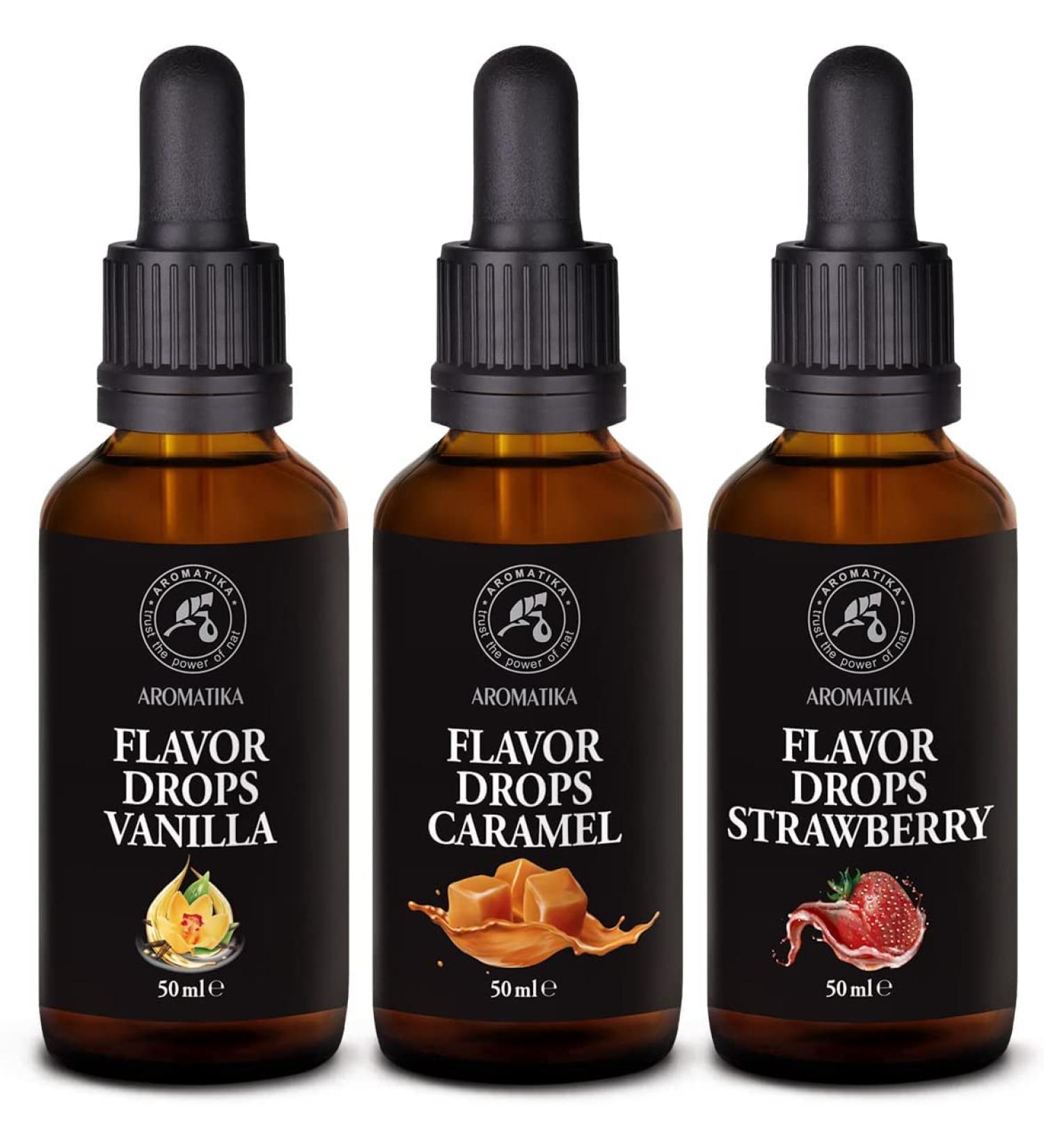 Flavor Drops Set - 3 x 50ml Caramel Vanilla & Strawberry | Vegan Sweetener for All Foods - Dark Pipette Glass Bottles - Buy Online on GoSupps.com