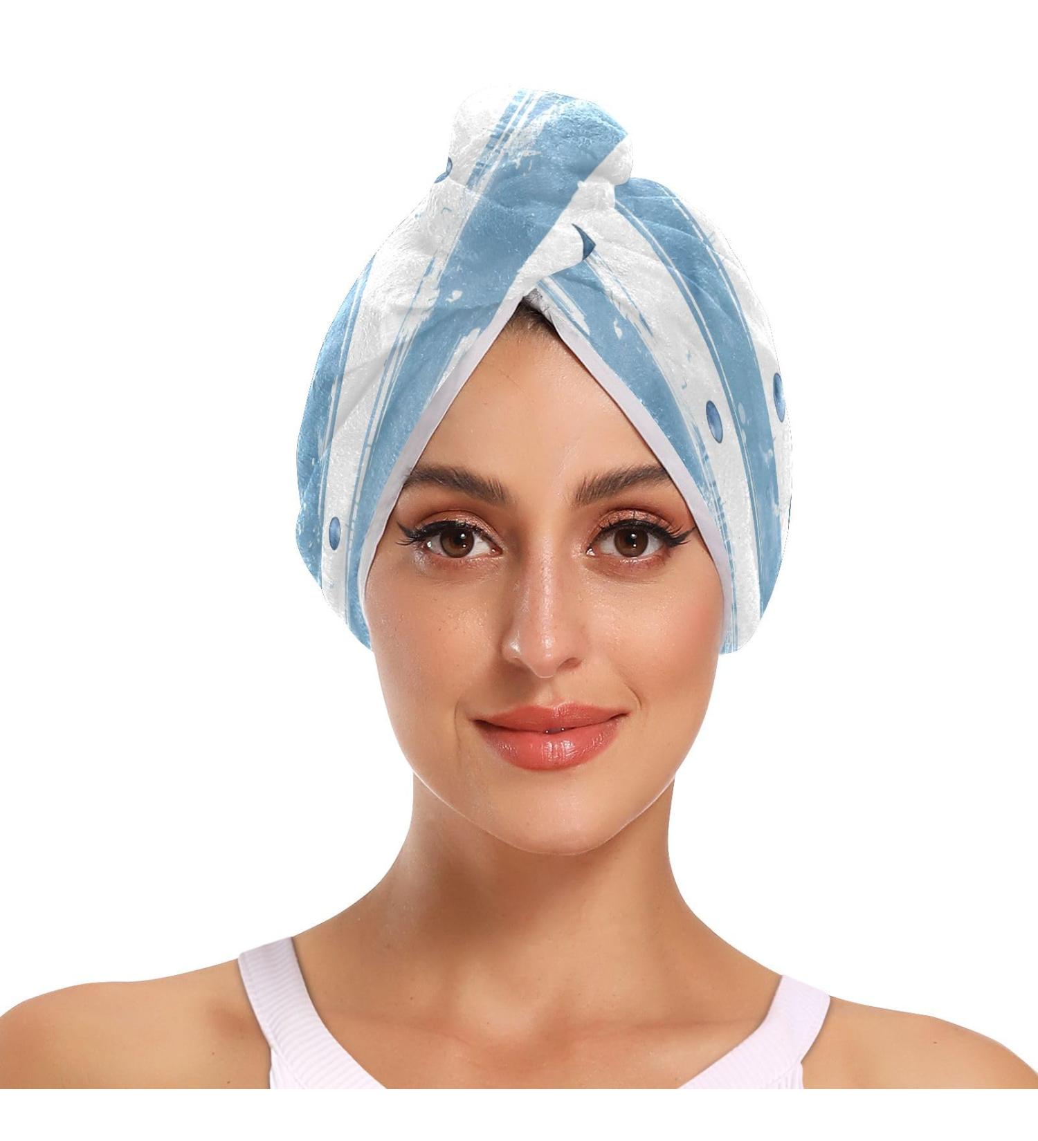 Super Absorbent Whale Striped Hair Towel 2 Pack - Quick Dry Hair Turbans for Women & Girls - Light Blue & White - Buy Online on GoSupps.com
