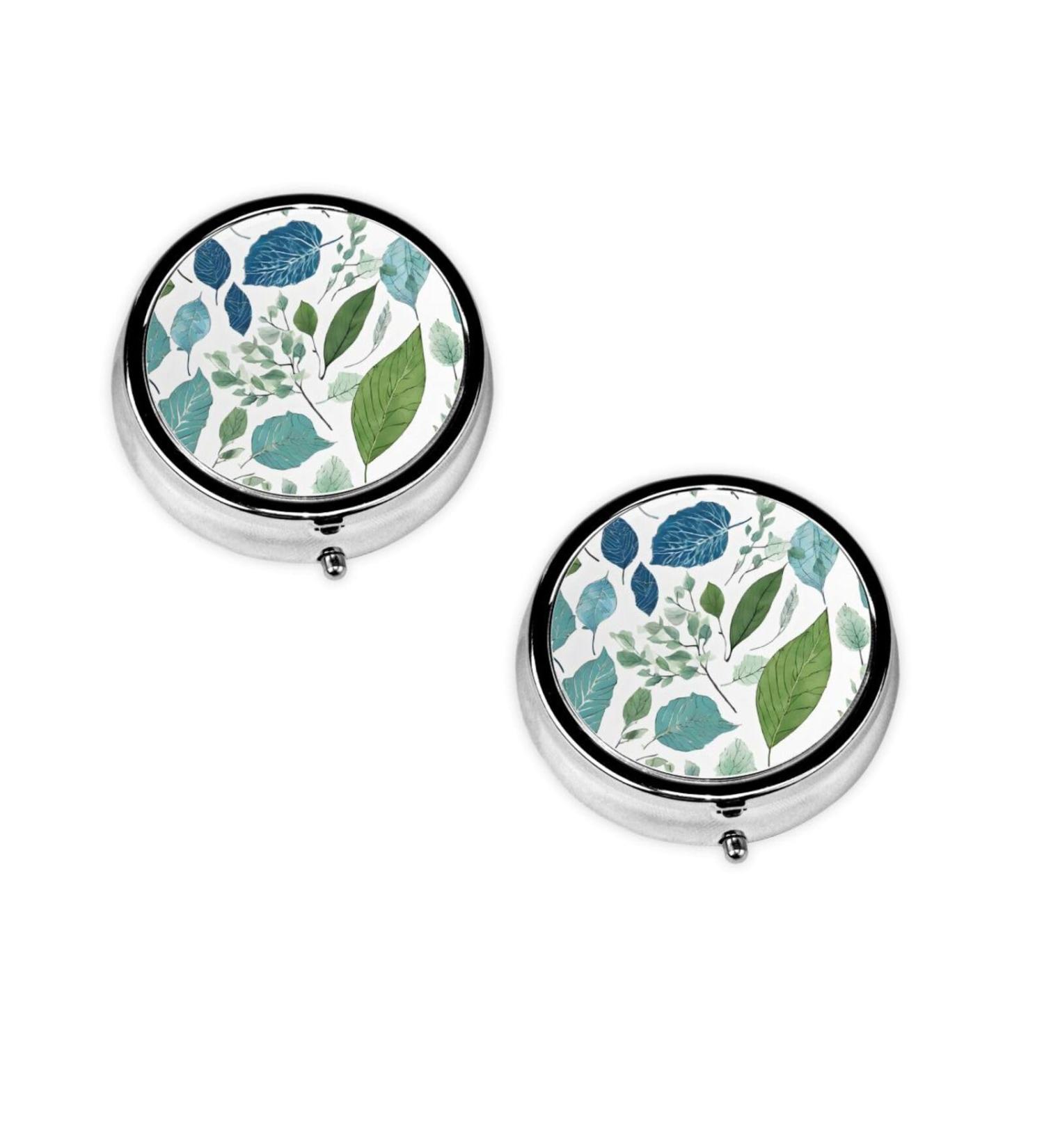 Green Eucalyptus Leaves Mini Round Pill Box | 3 Compartment Travel Pill Organizer | Portable Medicine Case for Home & Office - Buy Online on GoSupps.com