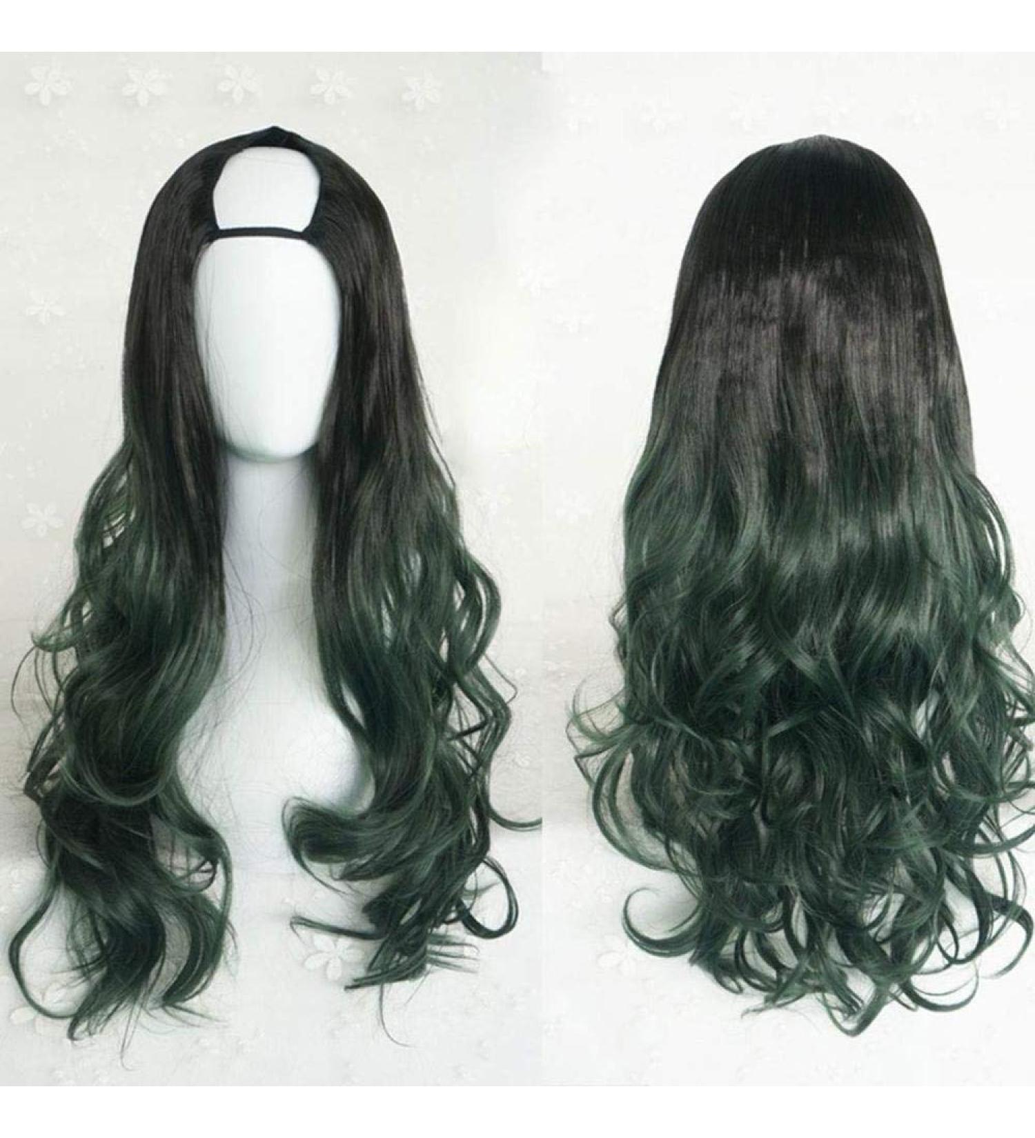 Harajuku Fashion Long Wavy Curly U Shaped Wigs - 28 Heat Resistant Synthetic Hair with Gradient Dark Roots for Girls - Buy Online on GoSupps.com