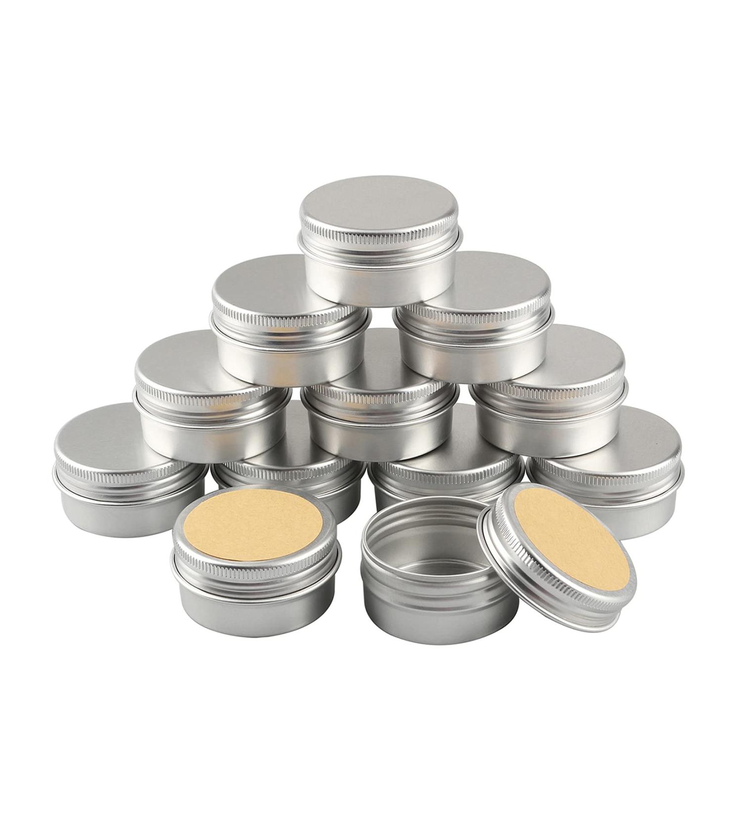 Basic Packing: 24 Silver Aluminum Screw Cap Cans - 30ml Round Cosmetic Containers with 35mm Stickers - Buy Online on GoSupps.com