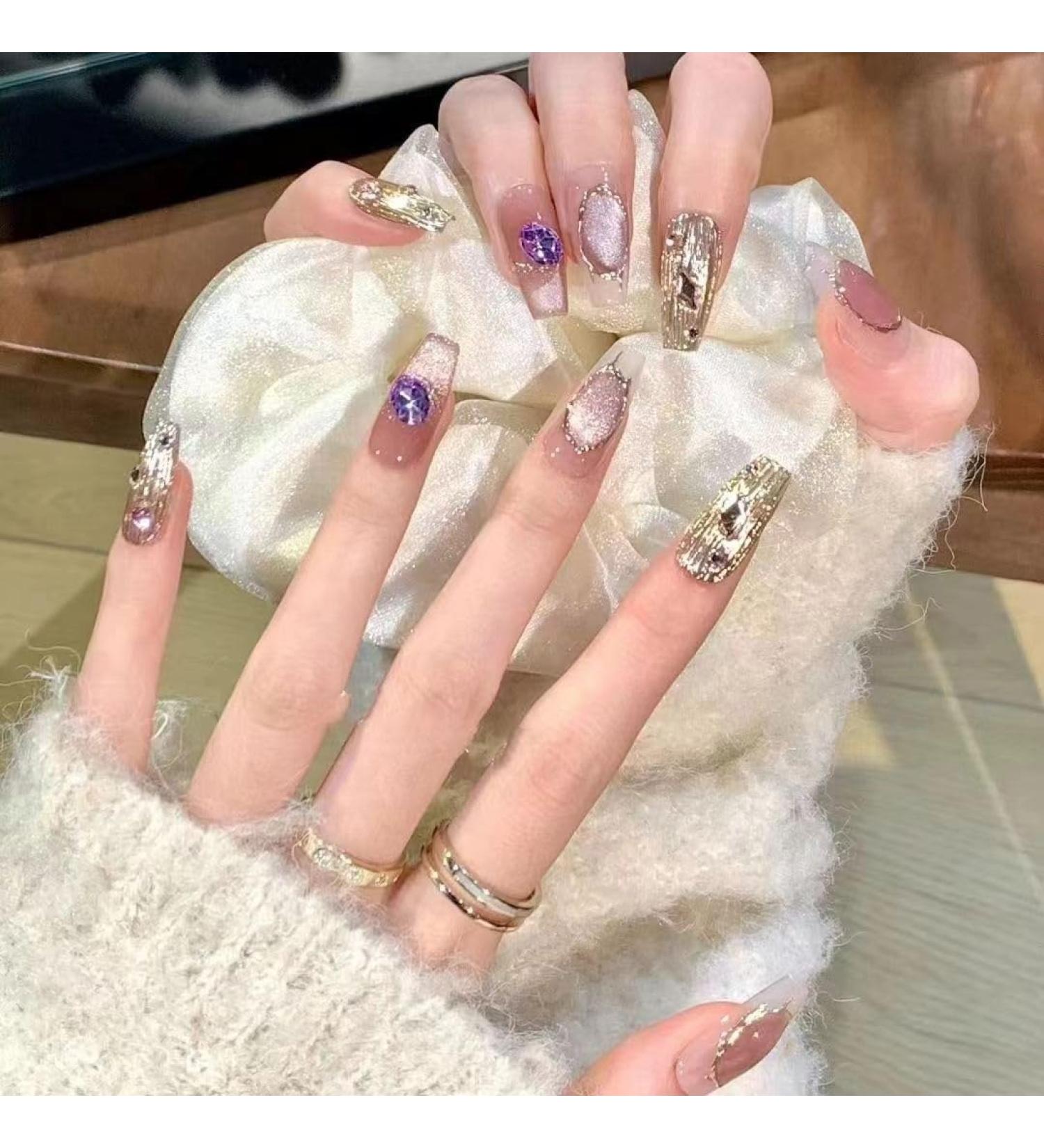 Temperament manicure pink diamond temperament new pure spice girl Kaze Jun hand-made manicure wearing nude.(XS)