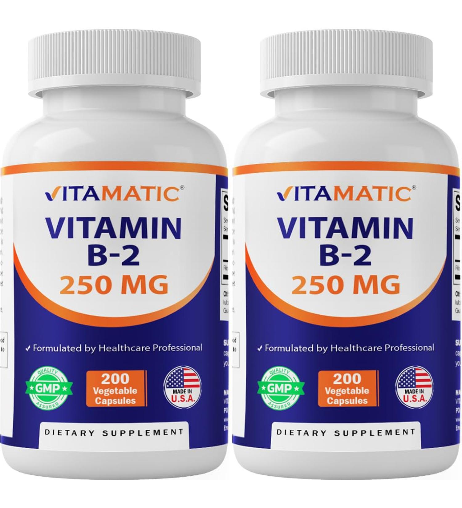 Vitamatic Vitamin B2 (Riboflavin) 250 mg - 200 Capsules - 2 Pack - Buy Online on GoSupps.com