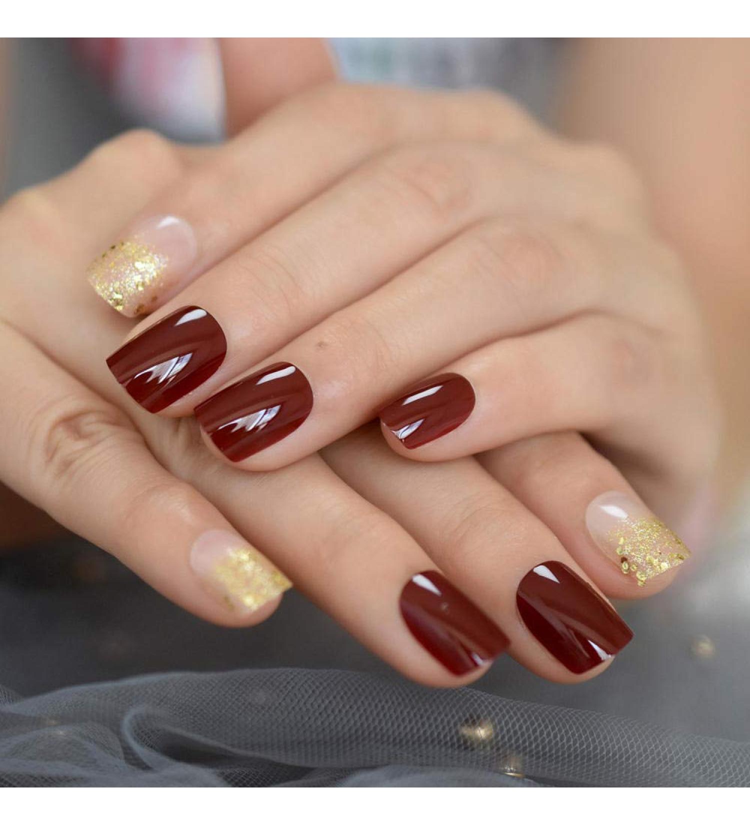 Shop Hujl Short French Artificial Nails with Golden Sequins - Premium Press-On Nails for Daily Wear - Buy Online on GoSupps.com
