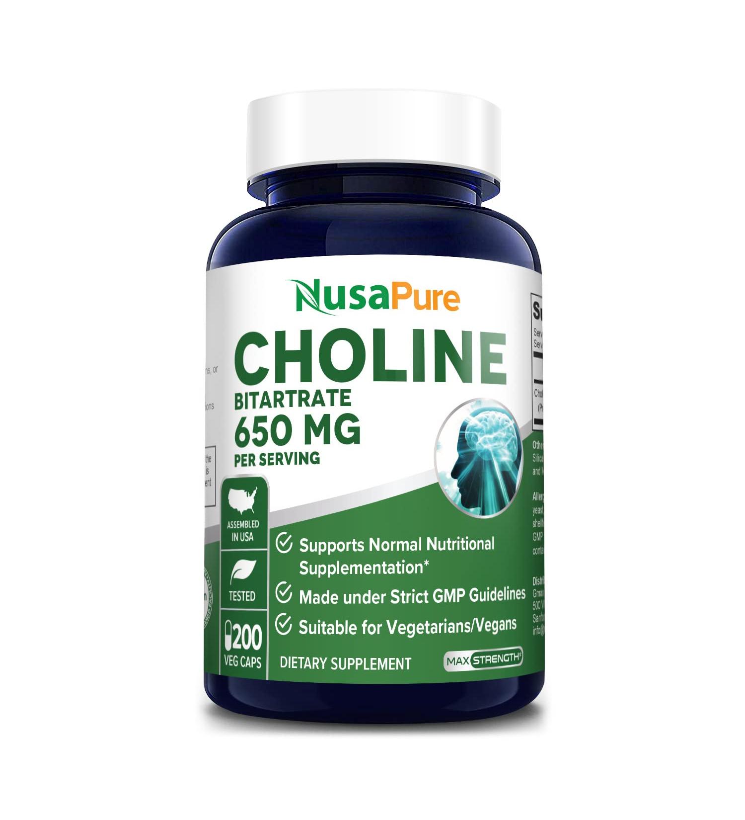 Choline Bitartrate 650mg 200 Veggie Capsules - Vegetarian, Non-GMO & Gluten-Free - Buy Online on GoSupps.com