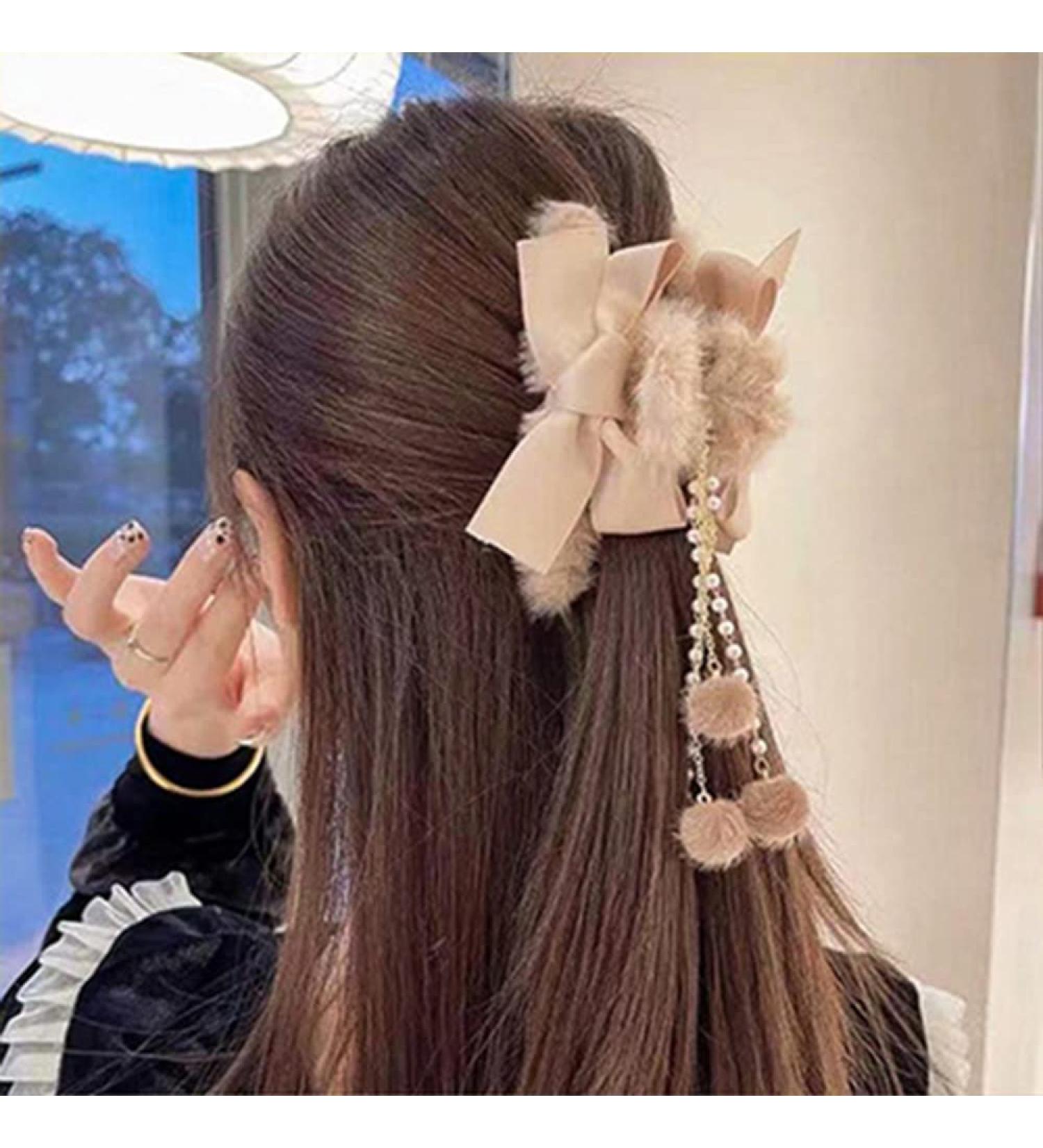Furry Hair Claw Big Bow Hair Clips with Pearl Tassel for Women and Girls - Pink - Buy Online on GoSupps.com