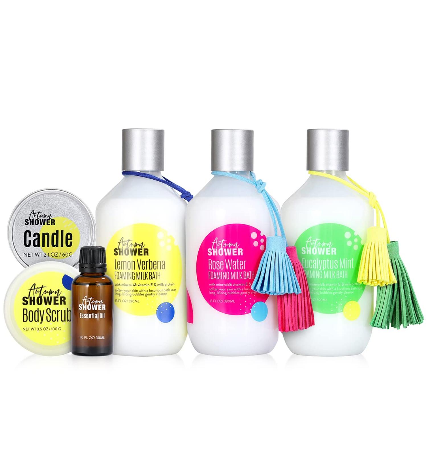 Autumn Shower Bubble Bath Set | Rose Water, Lemon & Eucalyptus Mint | Milk Bath, Essential Oil Candle, Body Scrub | Natural Bubble Bath for Kids & Adults with Epsom Salt - 6 Pack - Buy Online on GoSupps.com