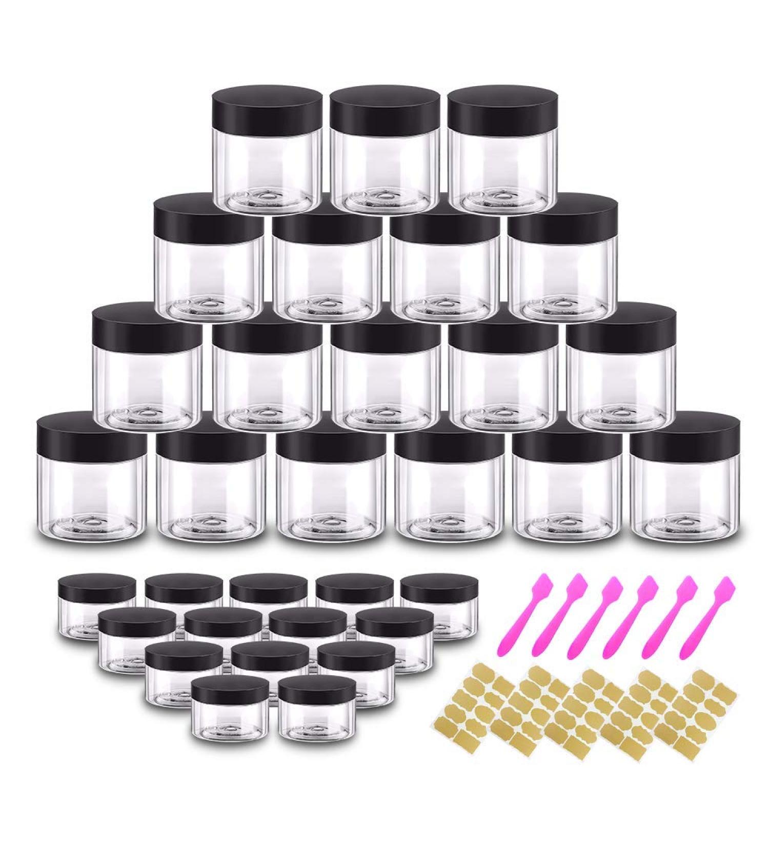 2oz Plastic Cosmetic Jars (Set of 48) | Clear Sample Containers for Cream, Body Butter, Lip Scrub | Free Labels & Spatulas | Travel Size with Black Lids - Buy Online on GoSupps.com