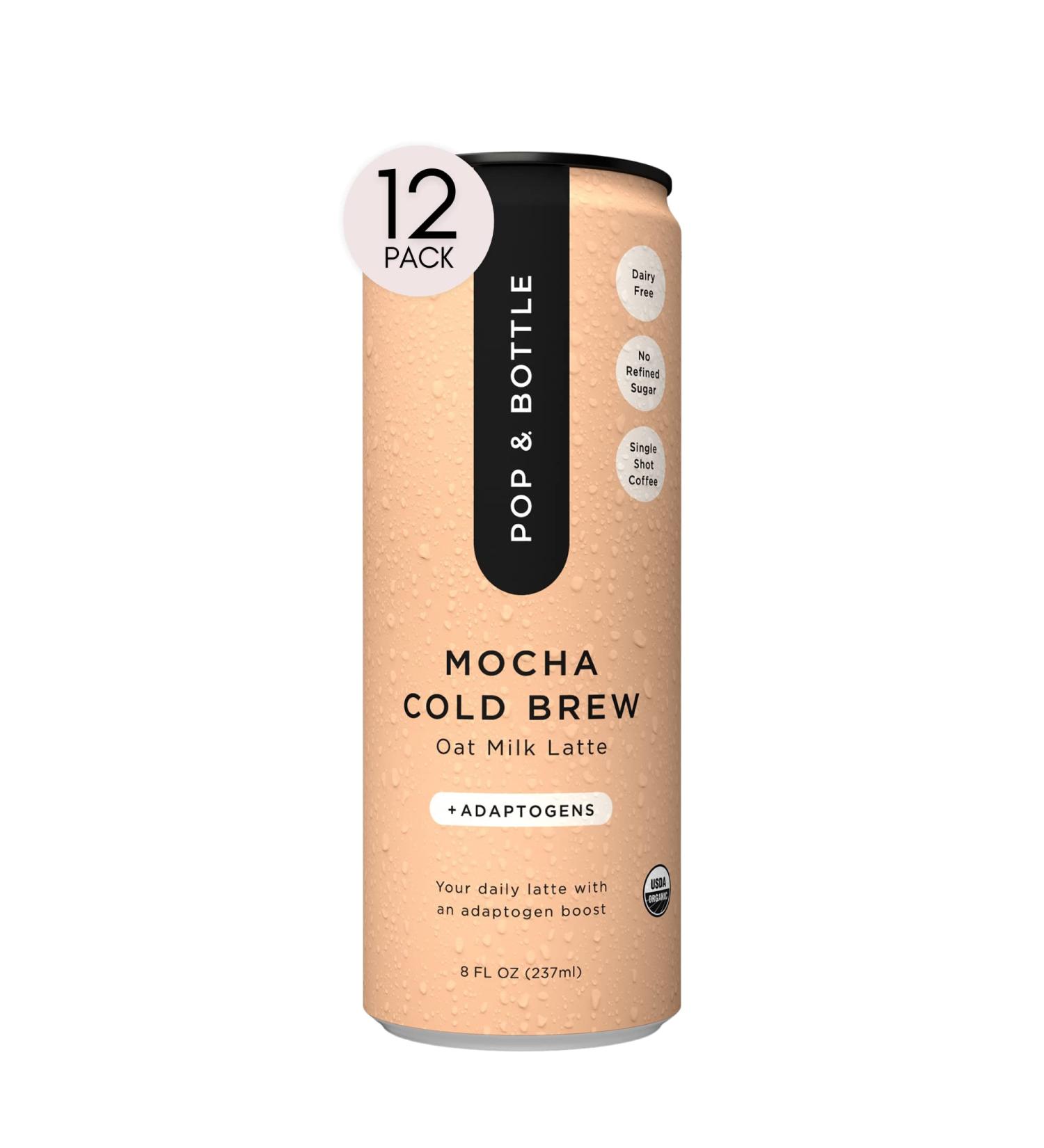 Pop & Bottle Organic Oat Milk Lattes with Adaptogens - Mocha Flavor | 8 Fl Oz (Pack of 12) | Maca Ashwagandha MCT Oil Cold Brew Coffee with Dates | Dairy-Free, Gluten-Free, Vegan - Buy Online on GoSupps.com