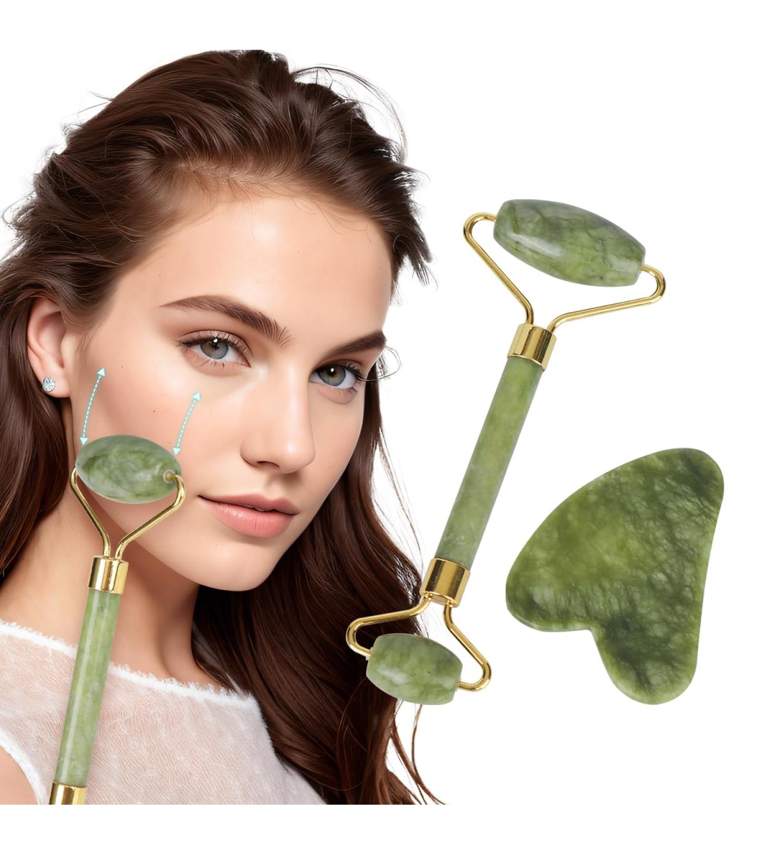 Jade Roller & Gua Sha Facial Tool 100% Natural Facial Stone Face Roller Face Massager for Skin Tightening Neck Eye Treatment Anti-aging Rejuvenate Remove Wrinkles and Puffiness (Green) - Buy Online on GoSupps.com