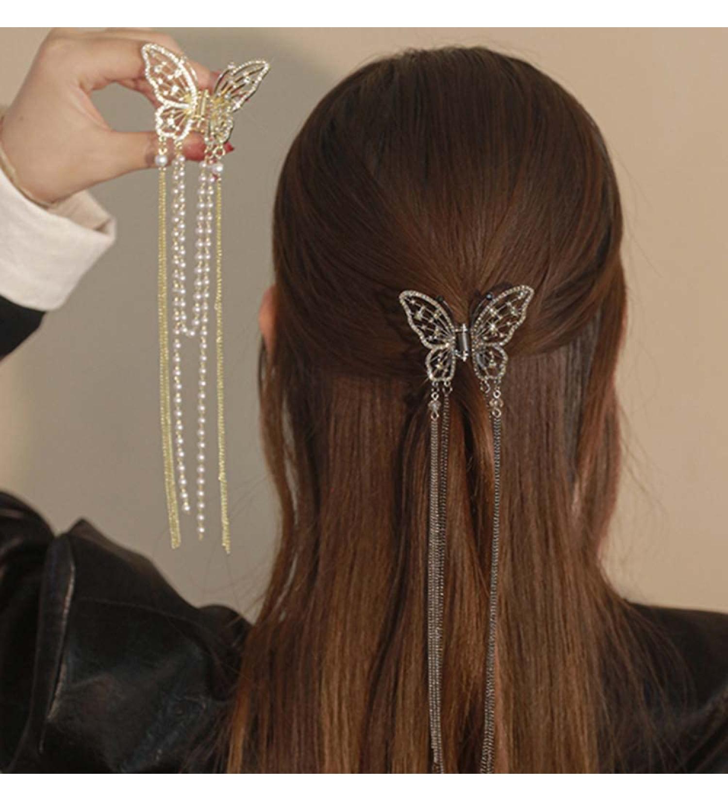 2Pcs Rhinestone Butterfly Hair Clips - Gold & Black | Strong Hold Hair Jaw Clips | French Hair Accessories with Tassel Design - Buy Online on GoSupps.com